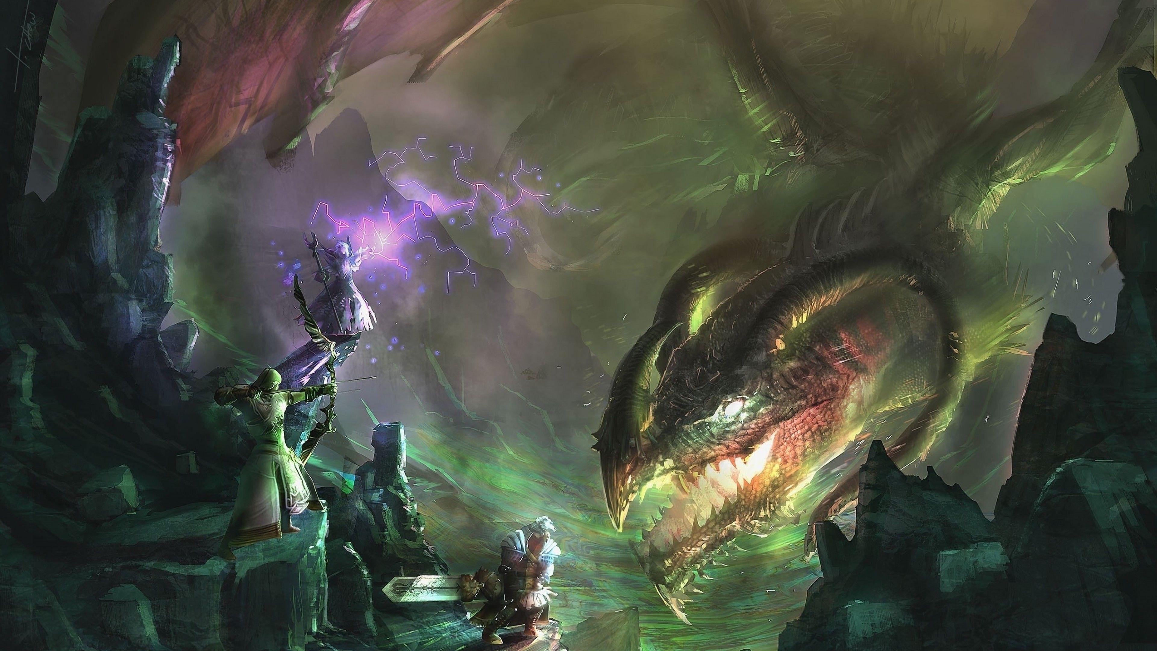 3840x2160 Download  Mage, Archer, Wizard, Dragon, Battlefield, Cave, Desktop