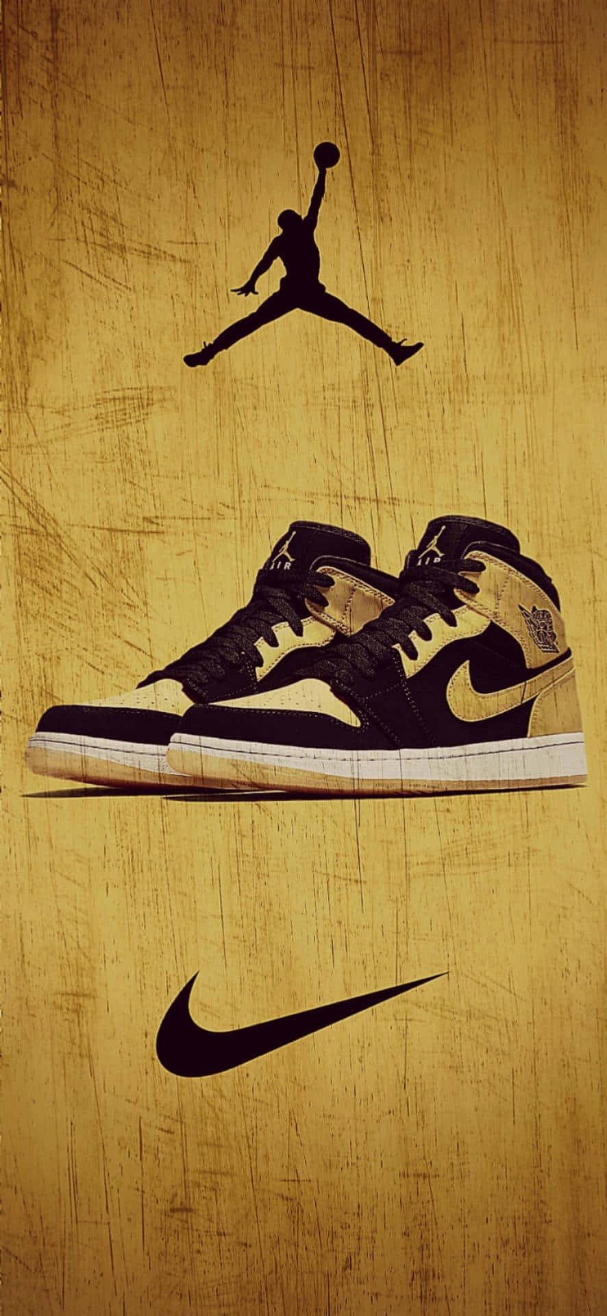 890x1920 Download A Pair Of Gold And Black Jordan Shoes On A Brown Background Wallpaper, Phone