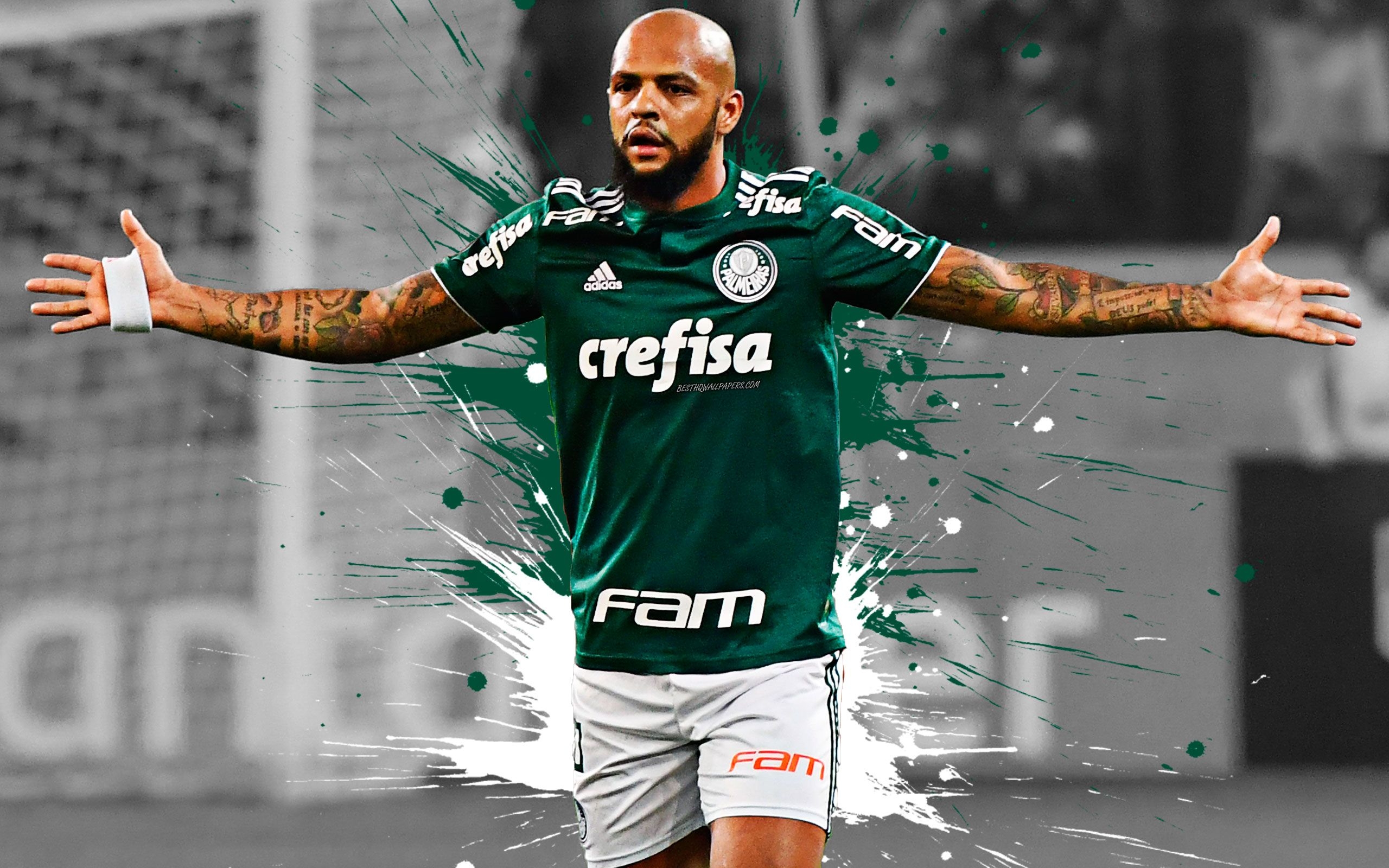 2560x1600 Download wallpaper Felipe Melo, 4k, art, Palmeiras SE, Brazilian football player, splashes of paint, grunge art, creative art, Serie A, Brazil, football for desktop with resolution. High Quality HD picture wallpaper, Desktop