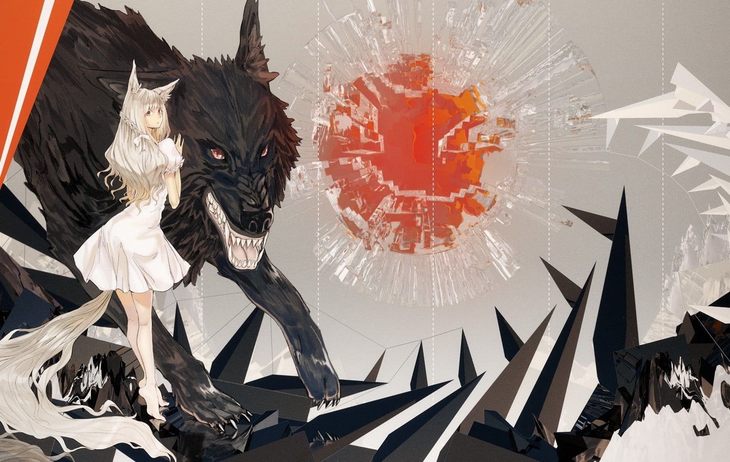 1500x950 White haired female anime girl with black wolf HD wallpaper, Desktop