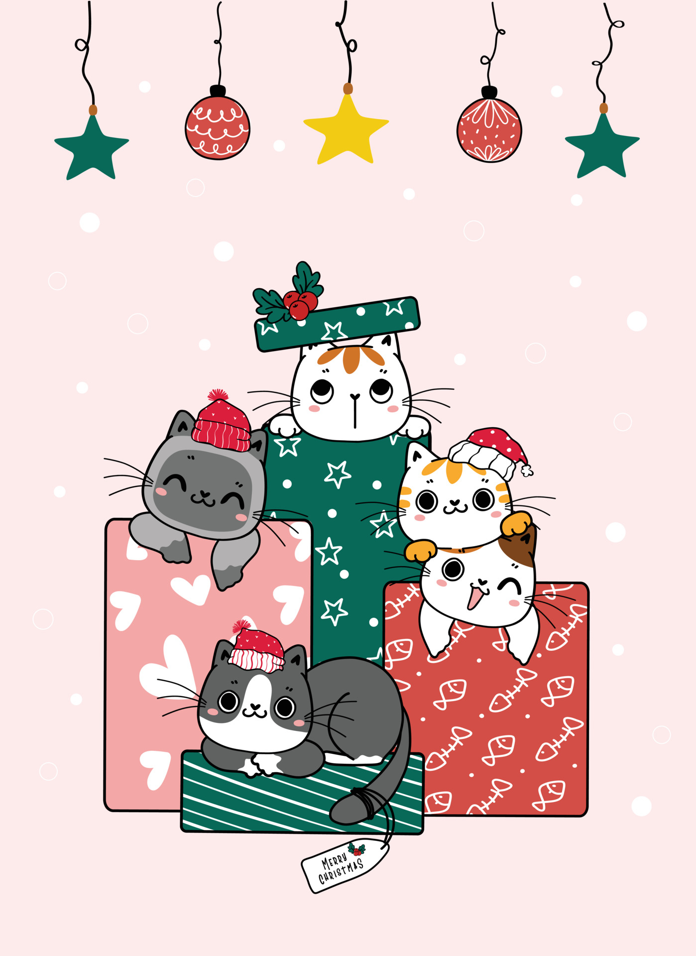 1400x1920 Group of pile Cute playful kitten cat seek and hide in Christmas gift boxes, cartoon hand drawn doodle flat vector, Phone