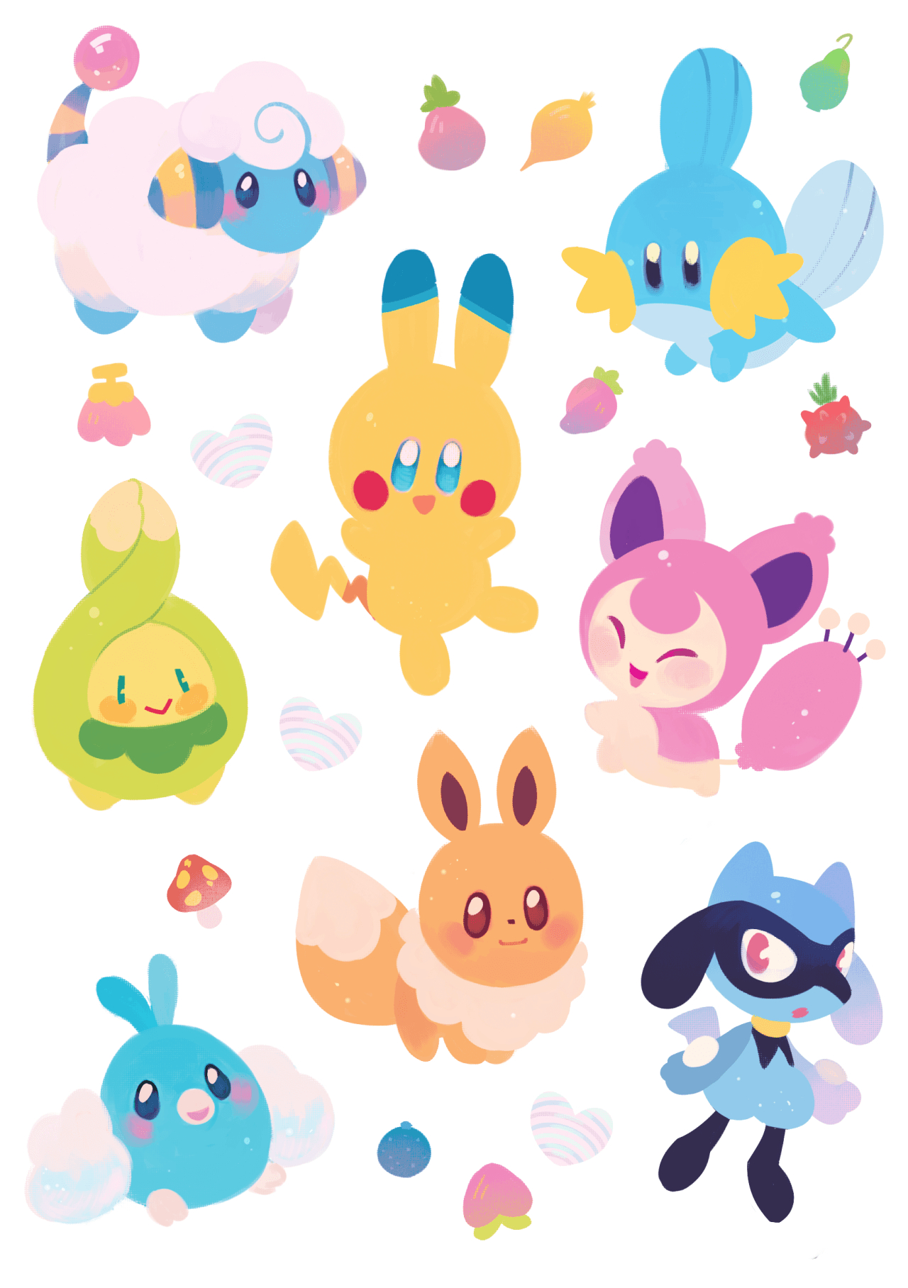 1280x1820 Mareep, Pikachu, Mudkip, Budew, Skitty, Eevee, Swablu, and Riolu, Phone