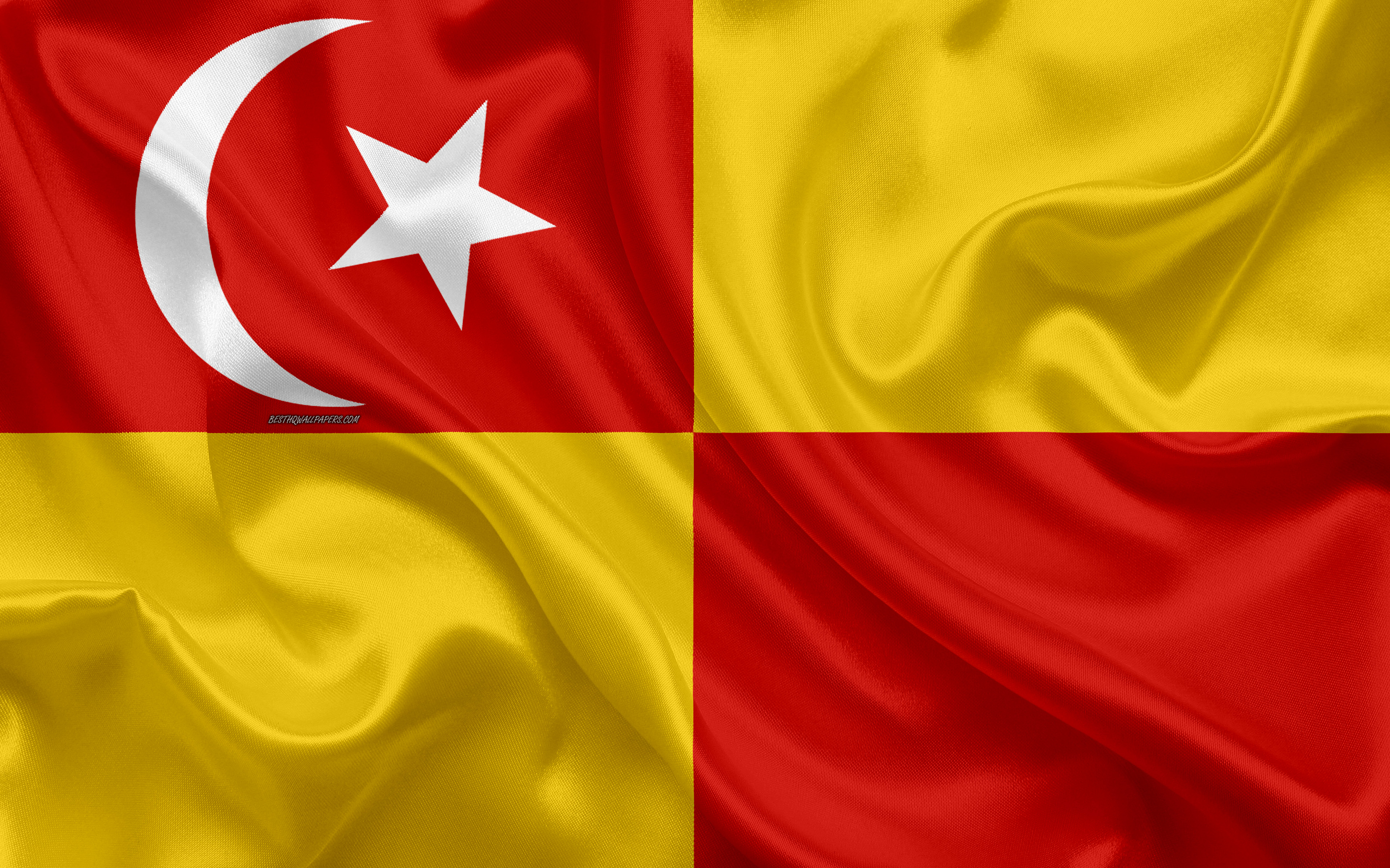 3840x2400 Download wallpaper Flag of Selangor, 4k, silk texture, national symbols, red yellow silk flag, States of Malaysia, coat of arms, Selangor, Malaysia, Asia for desktop with resolution. High Quality HD picture, Desktop