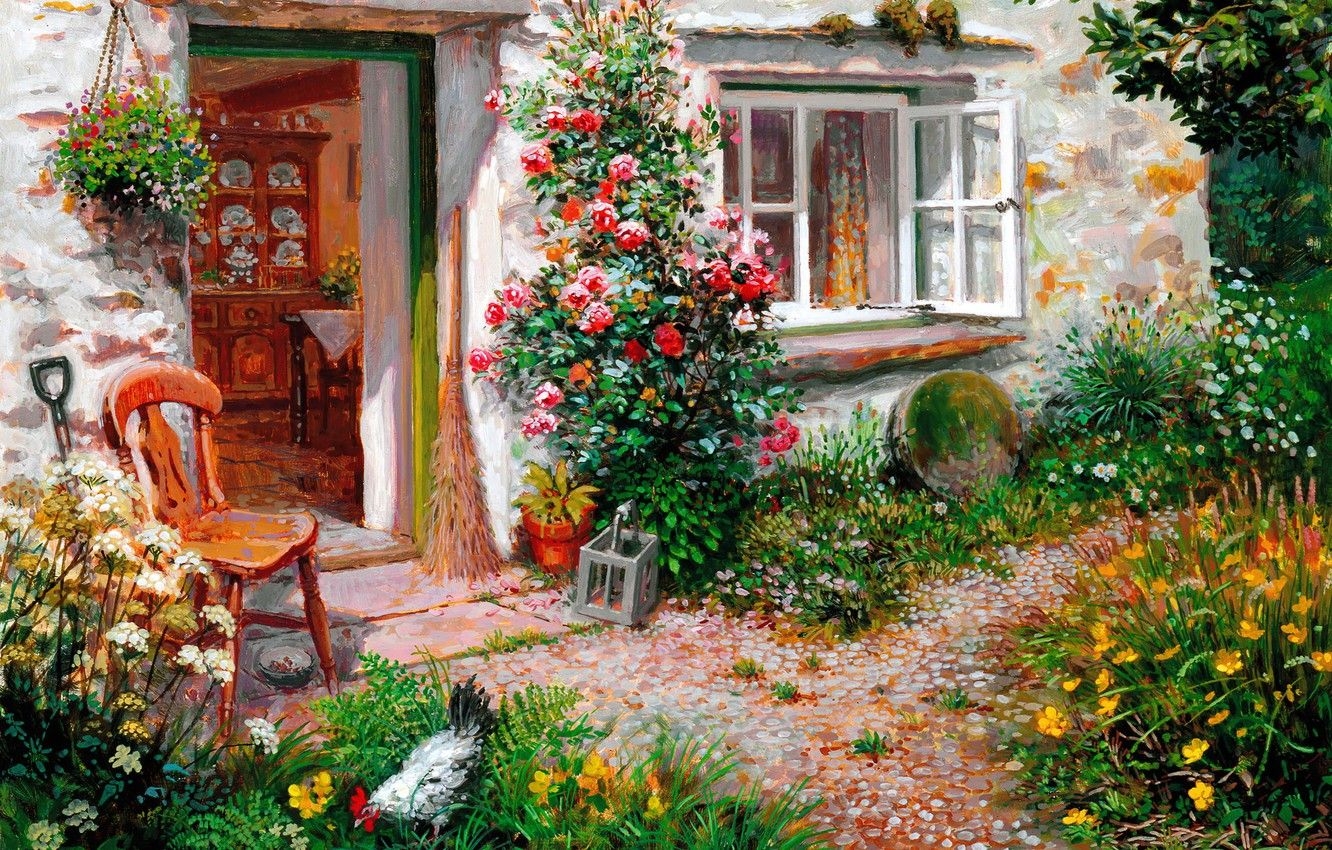 1340x850 Wallpaper summer, flowers, house, window, yard, chair, cock image for desktop, section живопись, Desktop