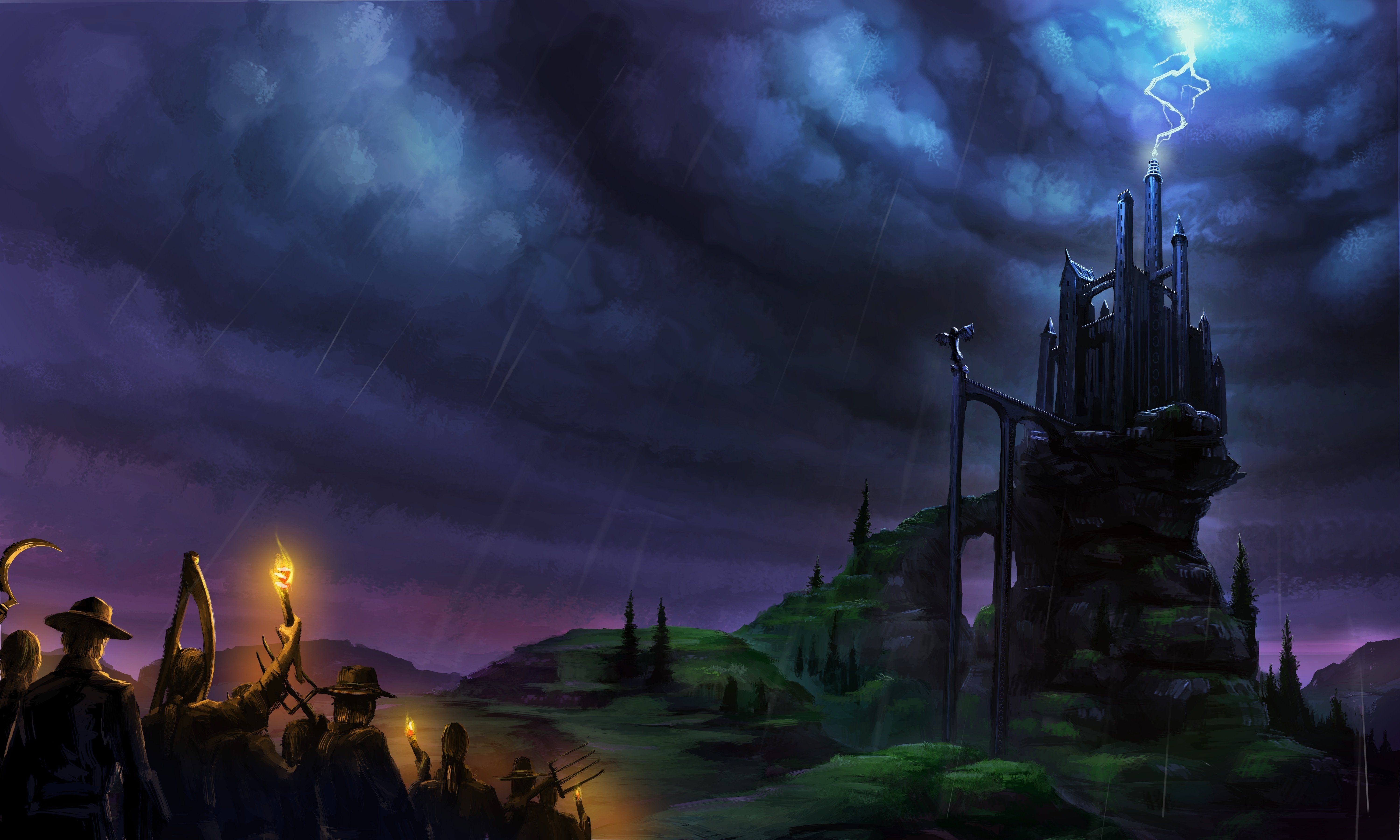 6000x3600 Wallpaper,  px, castle, clouds, fantastic, fantasy, frankenstein, Halloween, lightning, rain, world, Desktop