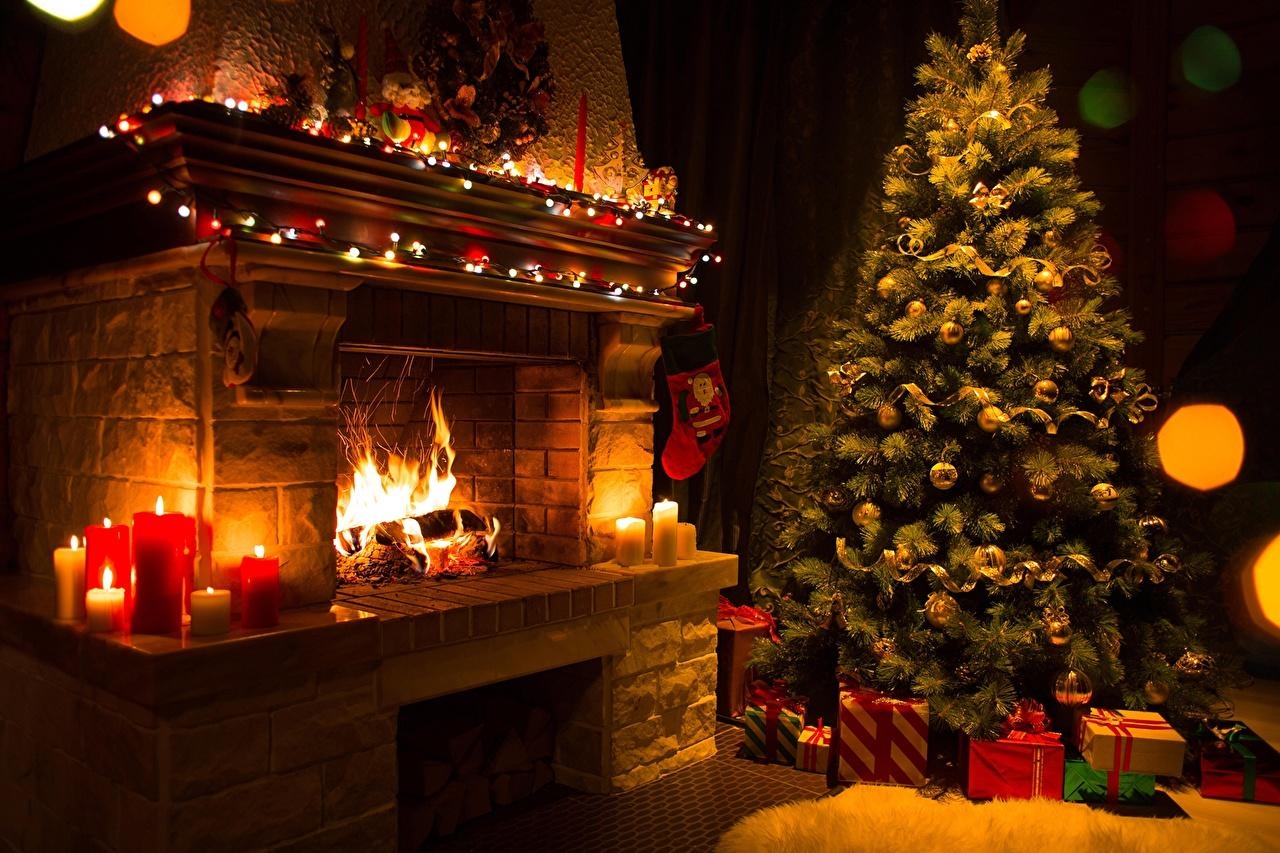 1280x860 Photos New year Christmas tree Fire present Fireplace Candles, Desktop