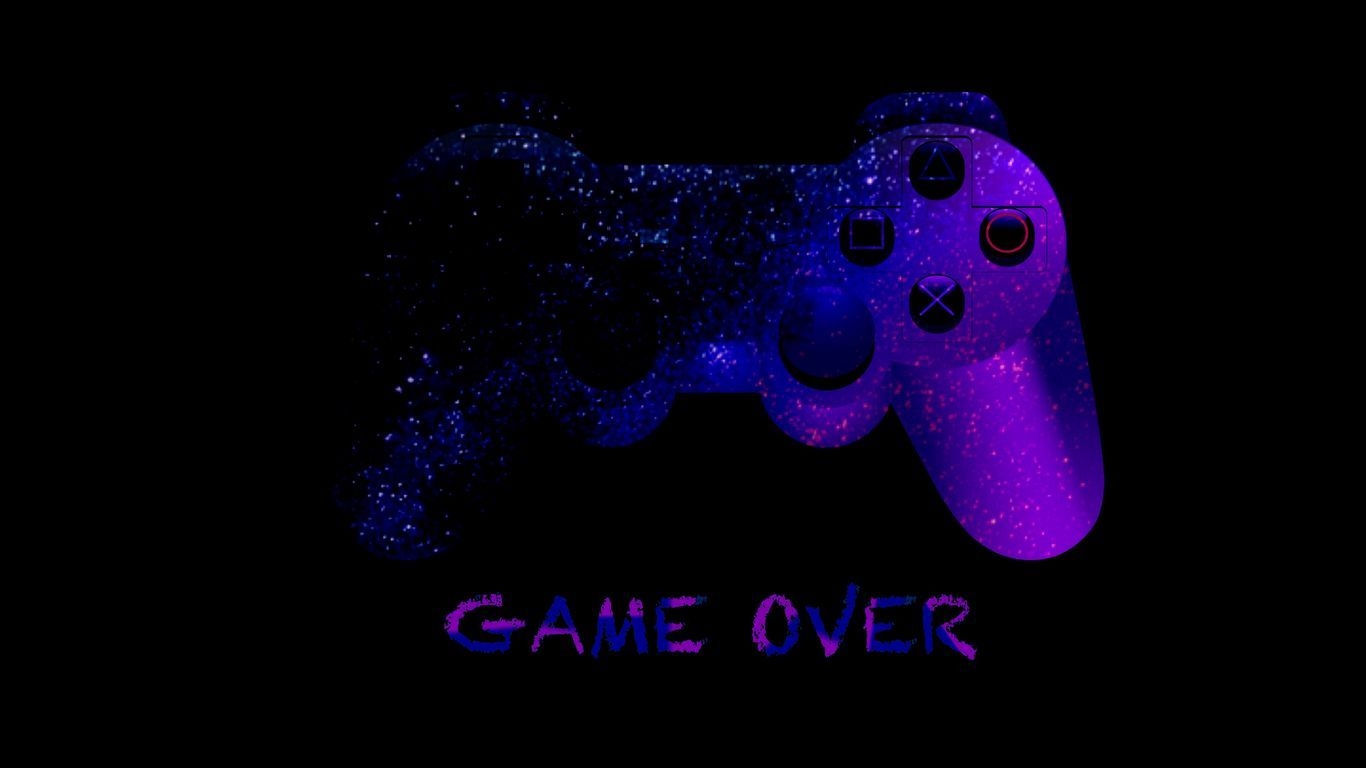 1370x770 Download wallpaper  game over, joystick, controller, gamepad, neon tablet, laptop HD background, Desktop