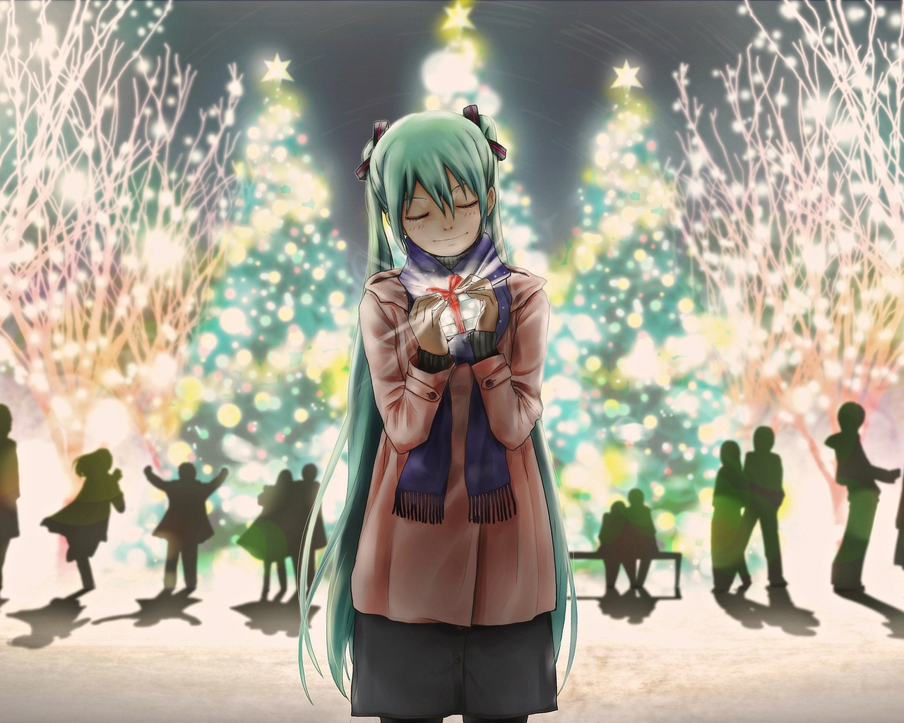 1280x1030 Wallpaper, anime, Vocaloid, miku, New Year, holiday, gift, Desktop