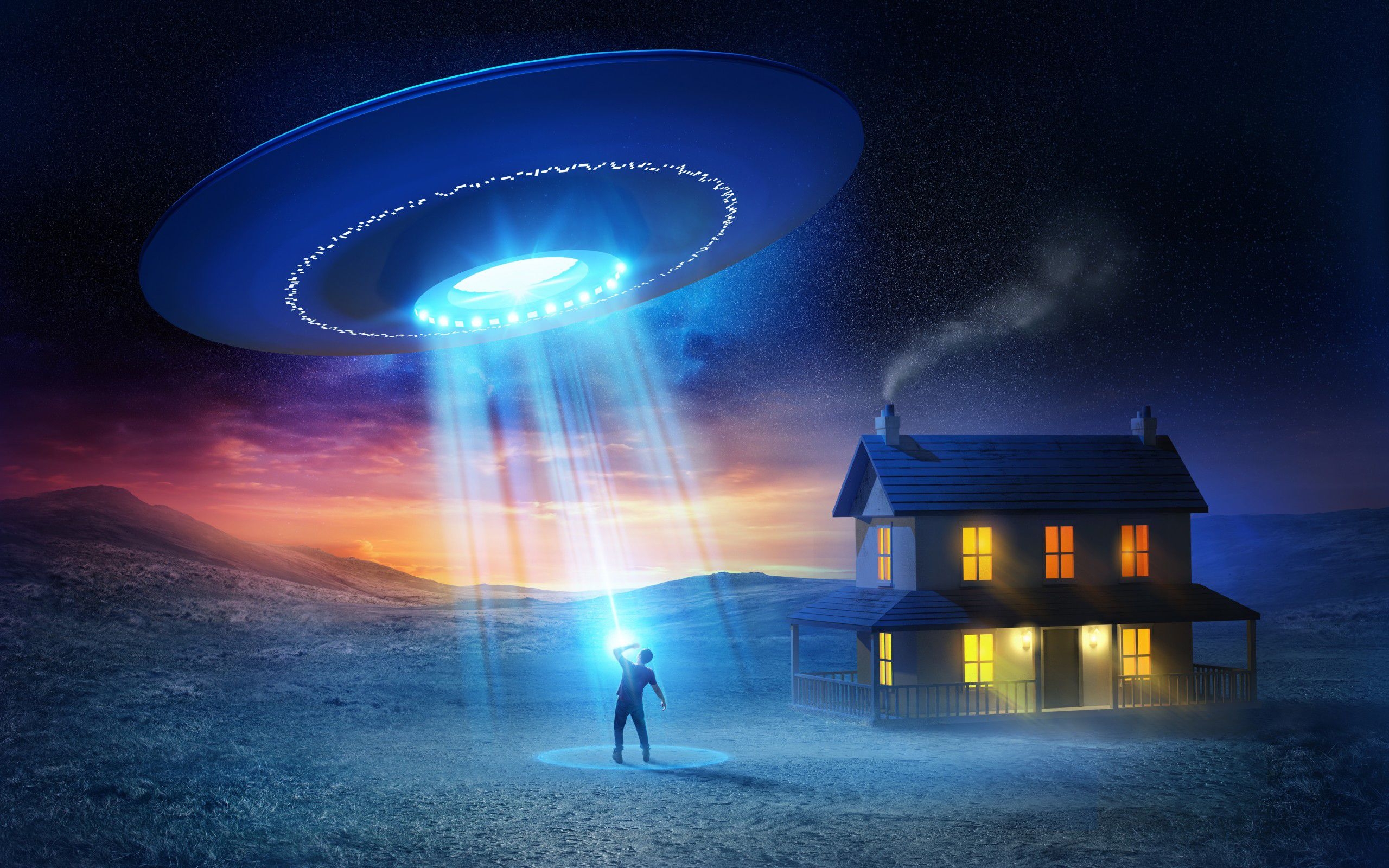 2560x1600 Picture Rays of light UFO Houses, Desktop