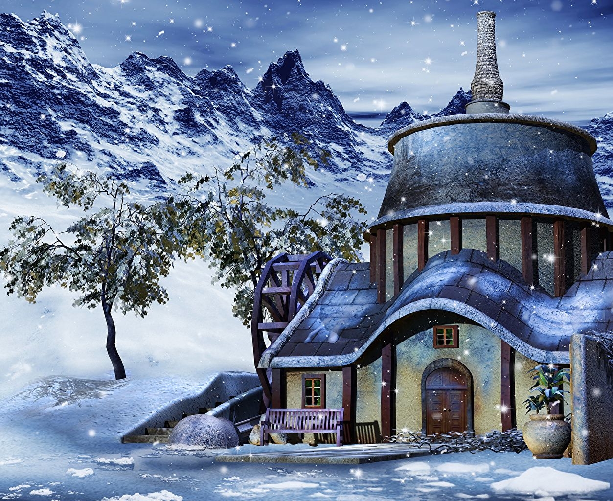 1260x1030 Desktop Wallpaper Winter 3D Graphics Snow Houses, Desktop