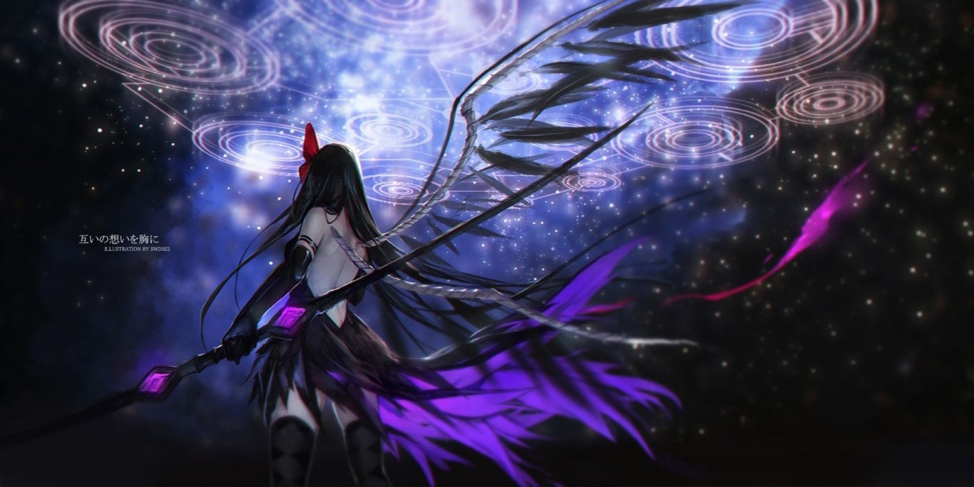 1410x700 Mahou Shoujo Madoka Magica Akemi Homura black dresslong hair feathers wallpaperx900, Dual Screen