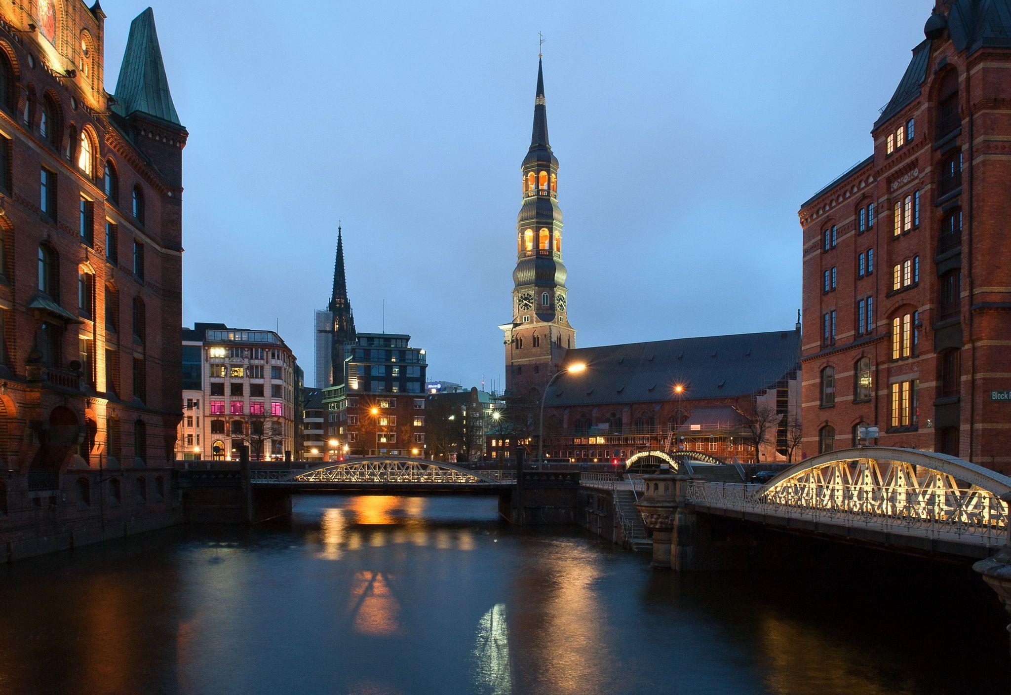 2050x1410 Picture Hamburg Germany Tower Bridges Night Rivers Cities, Desktop