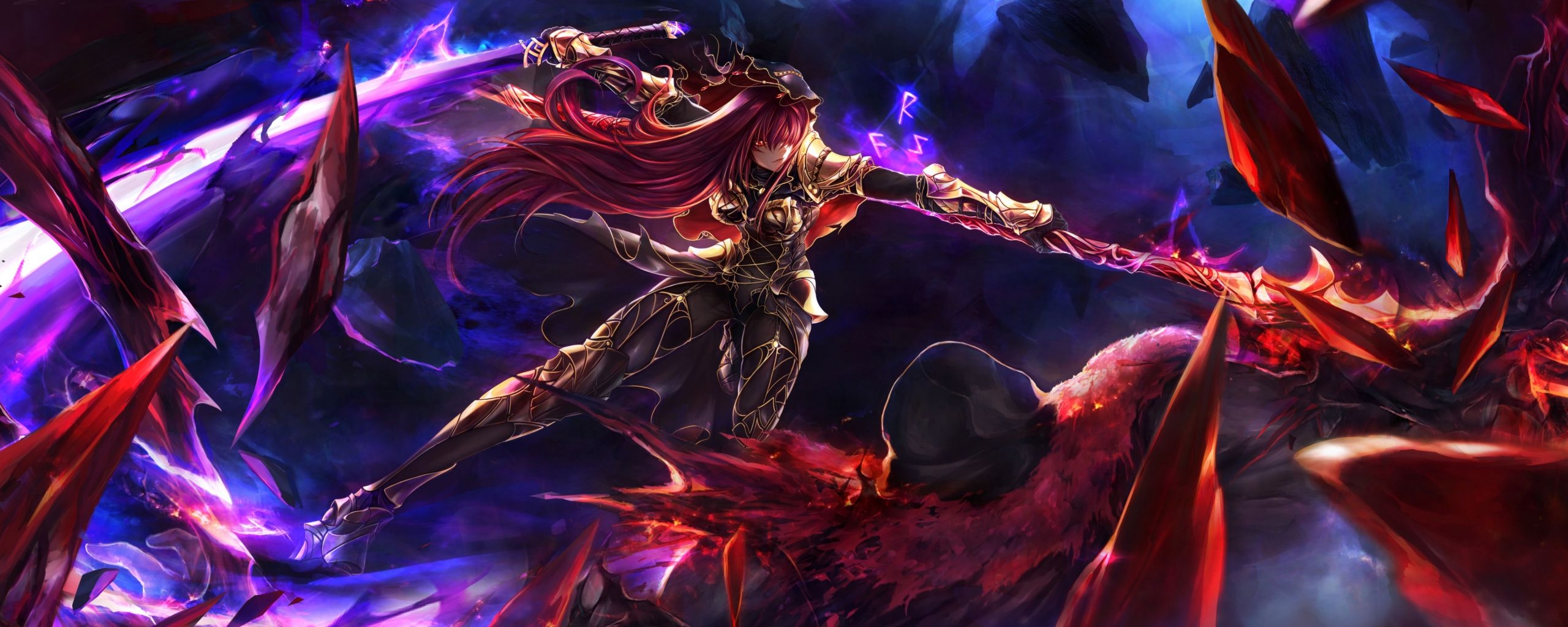 2560x1030 Download Scathach, Fate Grand Order, Warrior, Anime Girl, Artwork, Dual Screen