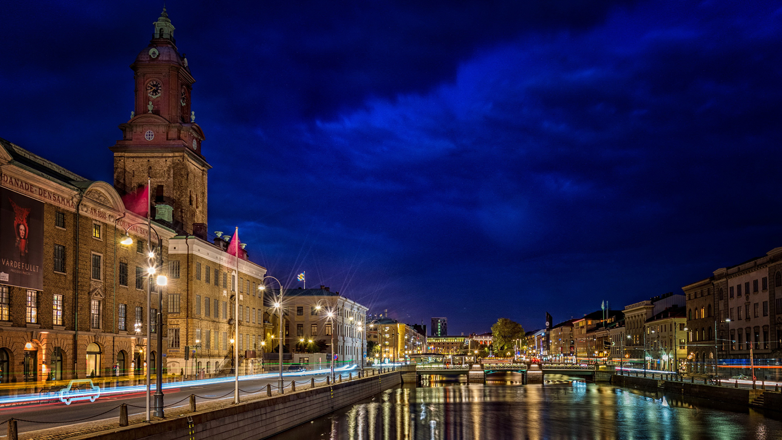 2560x1440 Picture Sweden Gothenburg Canal Sky Rivers night time, Desktop