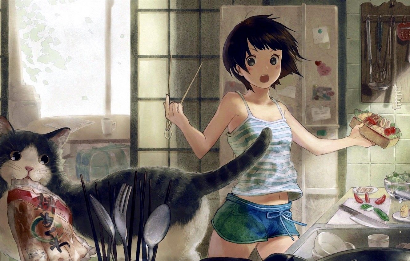 1340x850 Wallpaper Girl, shorts, anime, food, cat, short hair, animal, Desktop