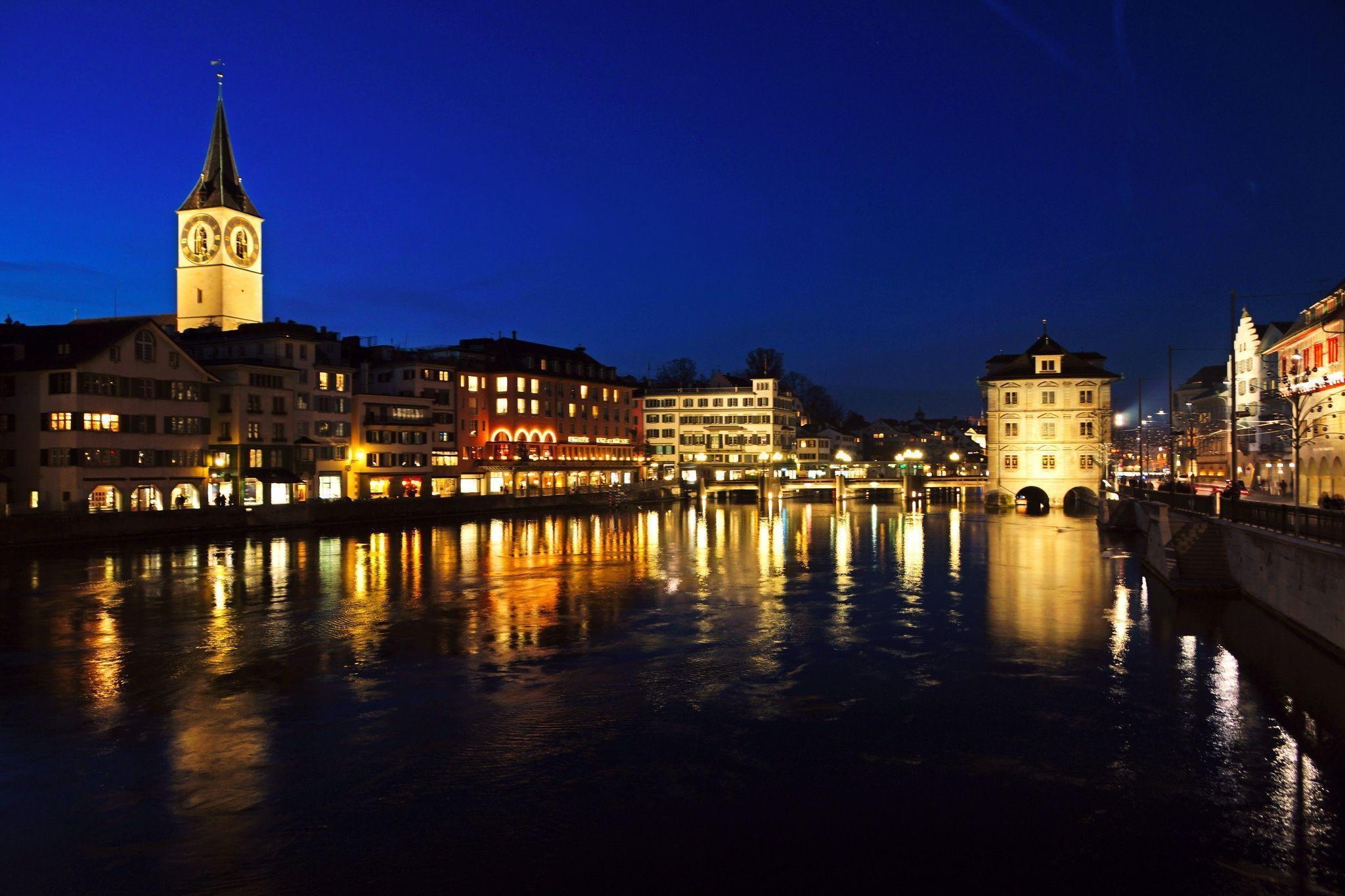 2050x1370 Wallpaper Zurich Switzerland Rivers night time Cities, Desktop