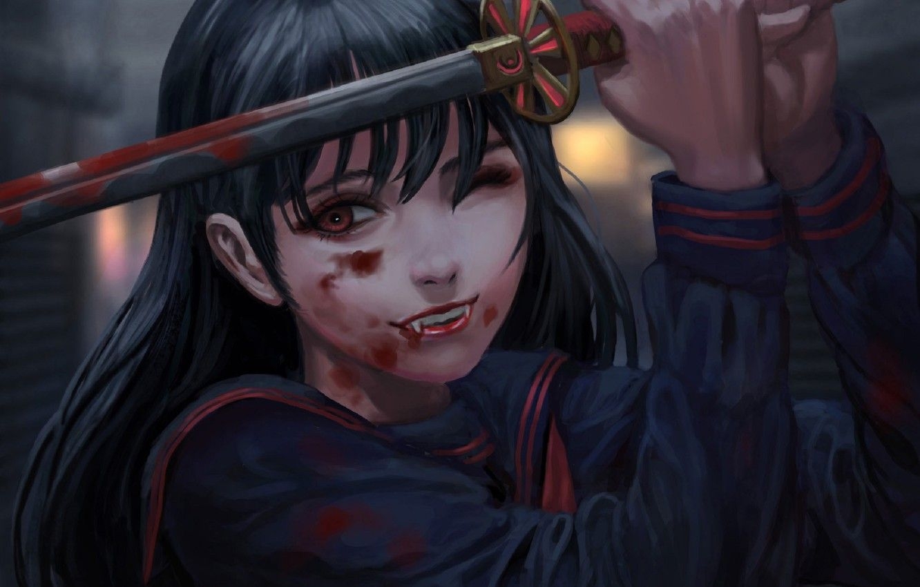 1340x850 Wallpaper katana, blade, spot, fangs, hunger, art, blood, vampire, hell of a grin, vampire girl, Jae Hyuck Jang, besima, Kravis image for desktop, section сёнэн, Desktop