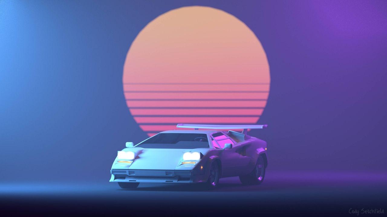 1280x720 Wallpaper Lamborghini, Retro, Neon, Sun, 4K, Creative Graphics, Desktop