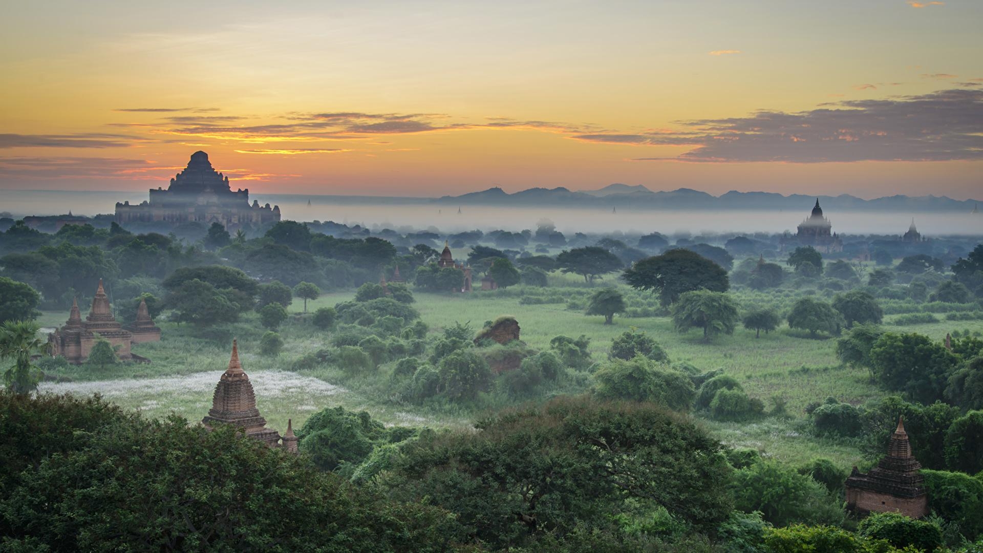 1920x1080 Photo Bagan Myanmar Fog Landscape photography Evening, Desktop