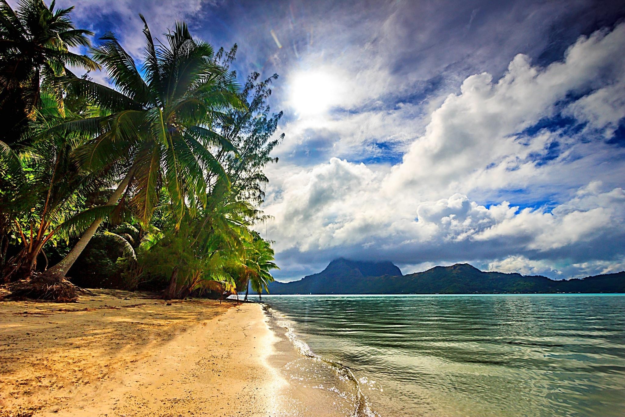 2050x1370 nature, Landscape, Beach, Sea, Palm Trees, Clouds, Island, Sunlight, Desktop