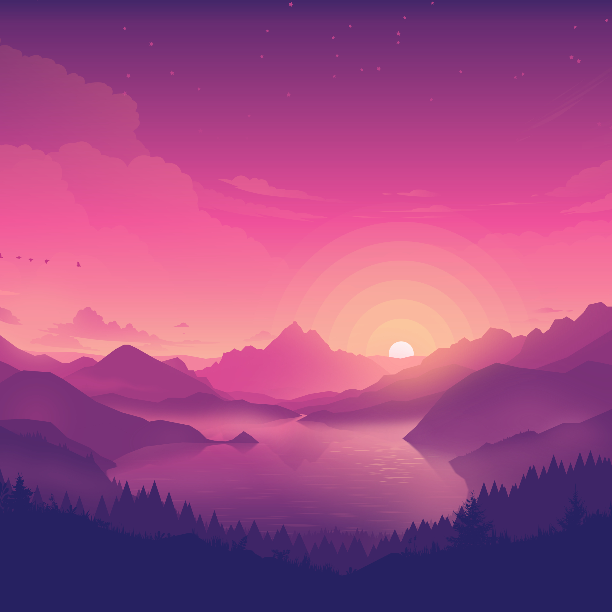 2050x2050 Lakeside Wallpaper 4K, Aesthetic, Pink sky, Sunset, Phone