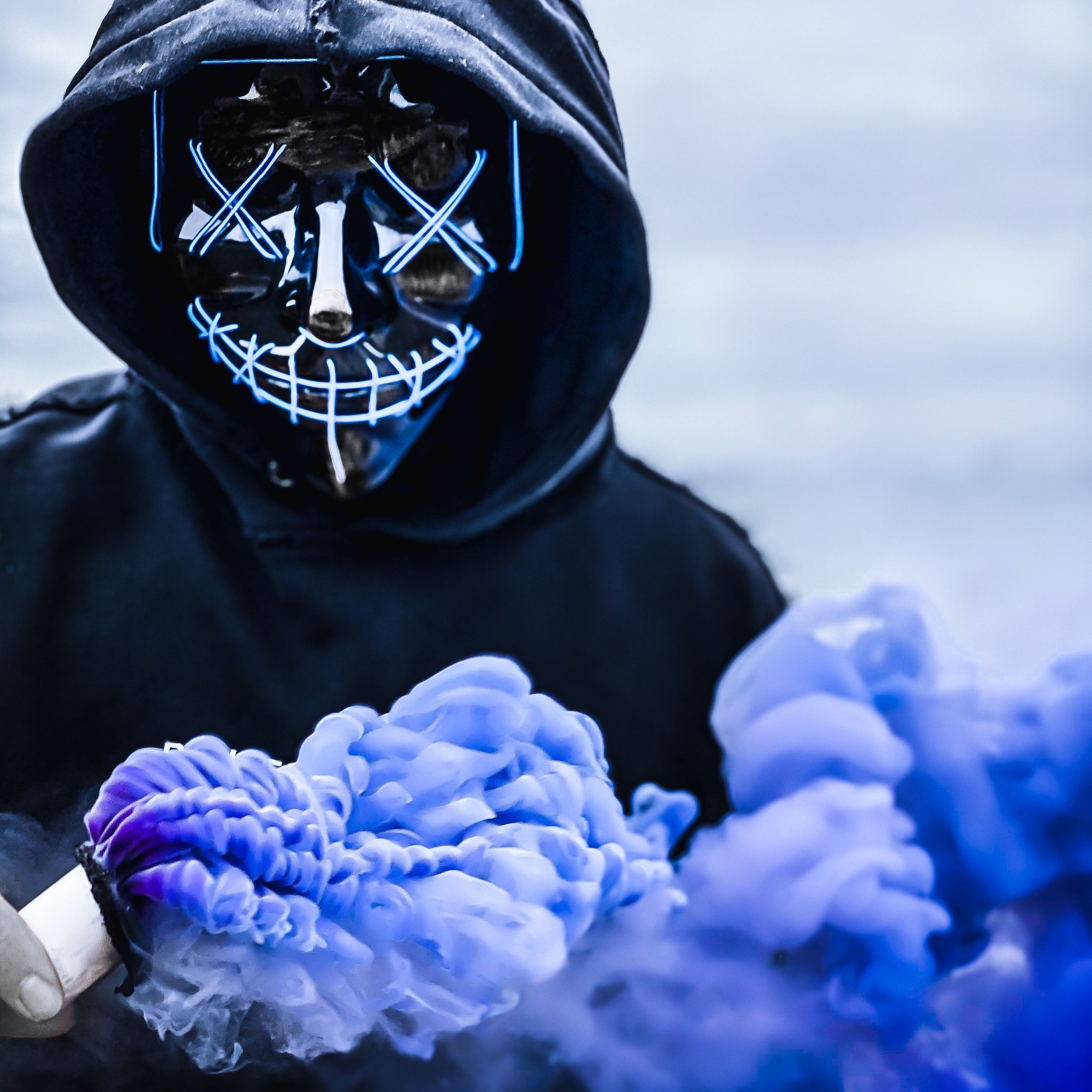 3030x3030 Free of 3D neon hacker mask, color smoke bombs, halloween, Phone