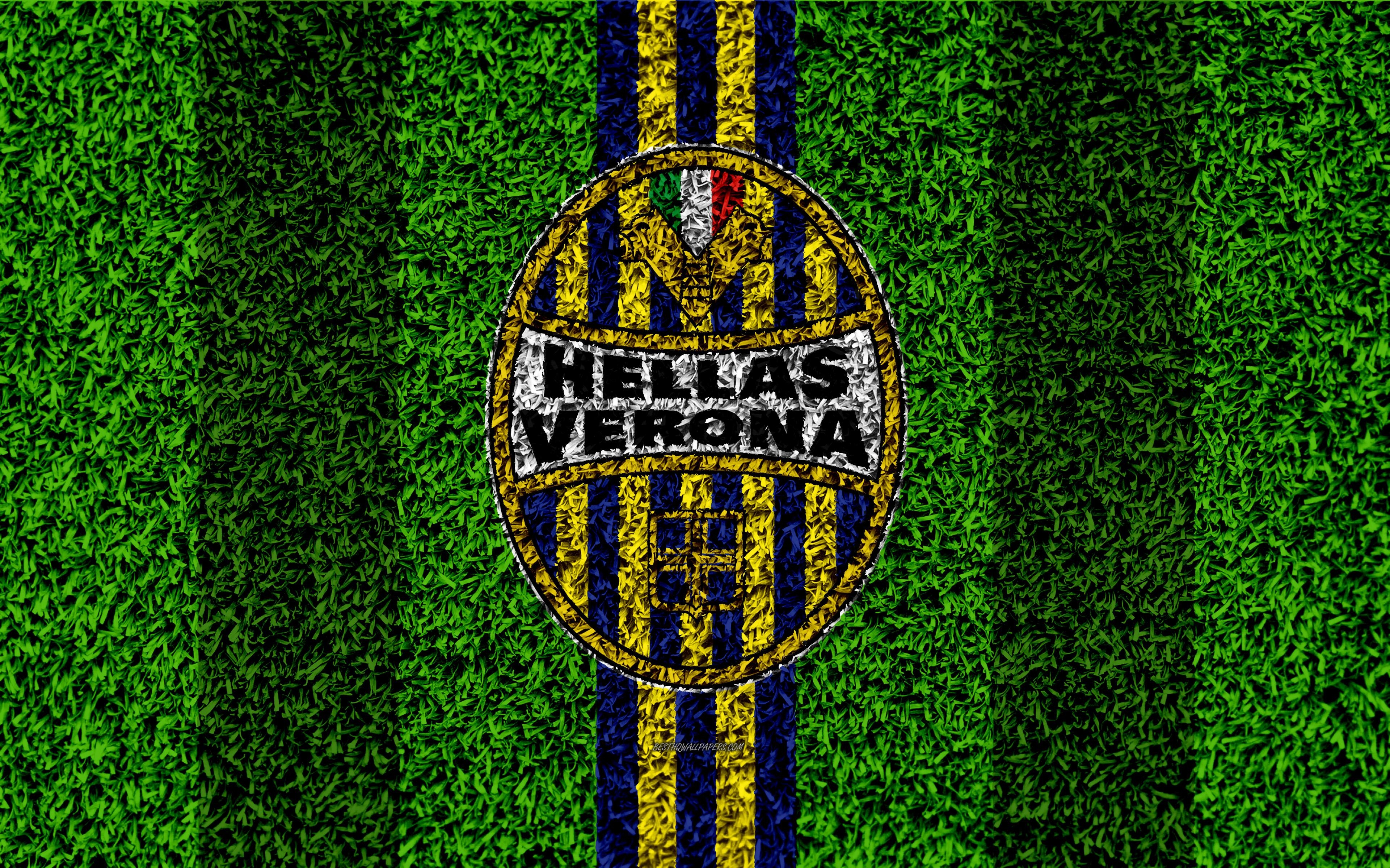 3840x2400 Download wallpaper Hellas Verona FC, 4k, logo, football lawn, Desktop