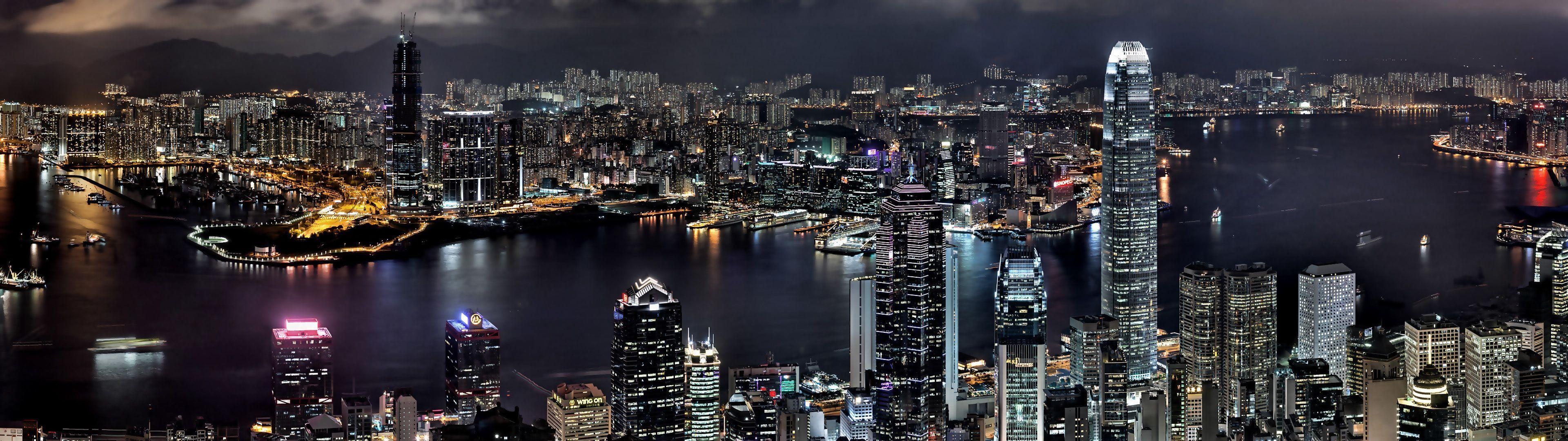 3840x1080 Cityscapes night buildings Hong Kong wallpaperx1080, Dual Screen