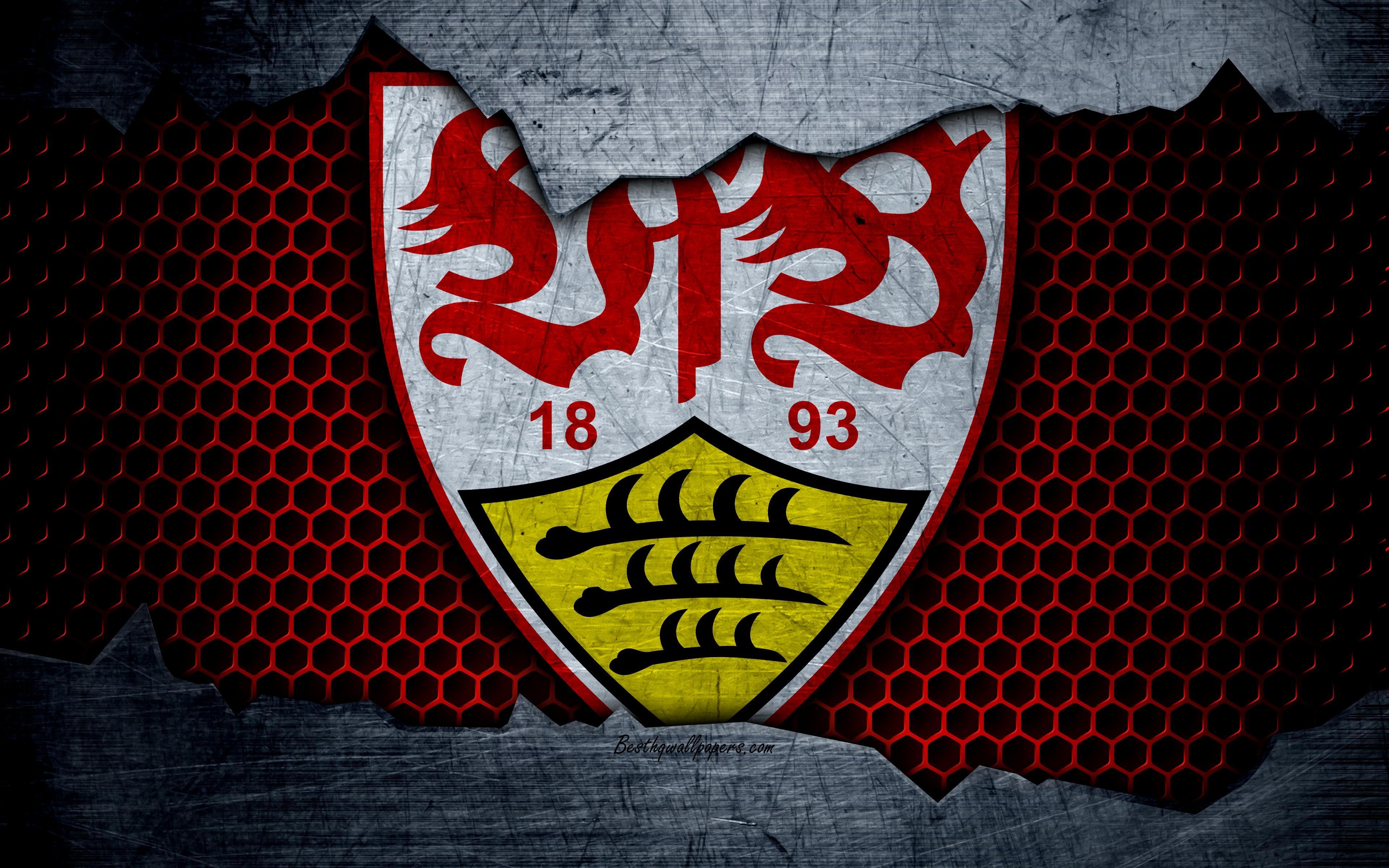 3840x2400 Download wallpaper Stuttgart, 4k, logo, Bundesliga, metal texture, Desktop