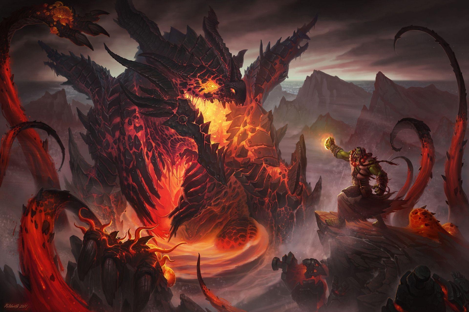 1920x1280 Wallpaper dragon, lava, magician, conjurer, an orc warlock, Desktop