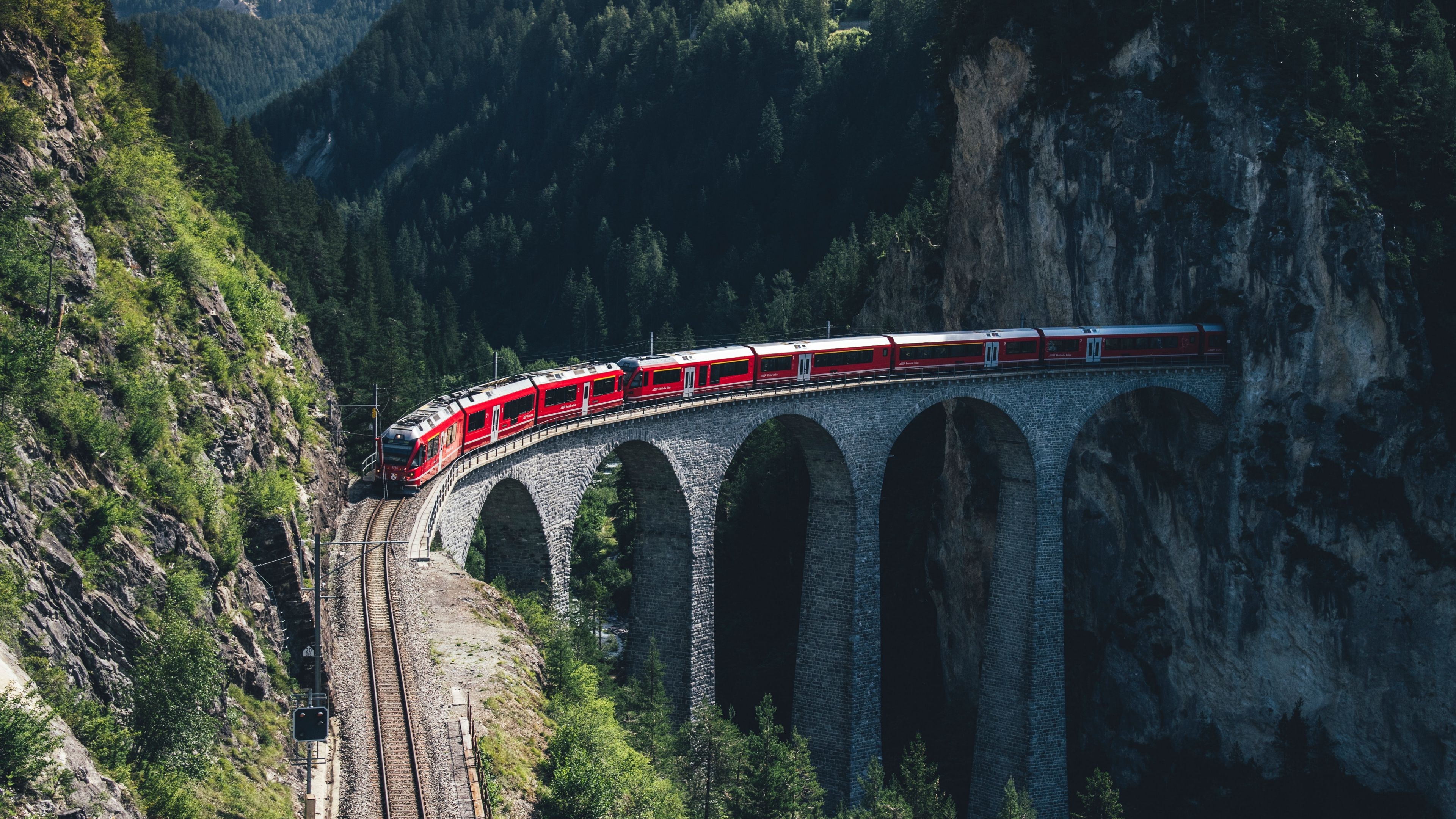 3840x2160 Wallpaper / train, mountains, aerial view, bridge, railway, 4k free download, Desktop