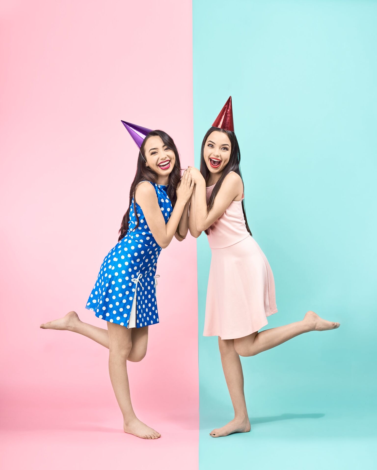 1540x1920 Wallpaper, Veronica Merrell, Vanessa Merrell, The Merrell Twins, red lipstick, pink, two women, dress, twins, Phone