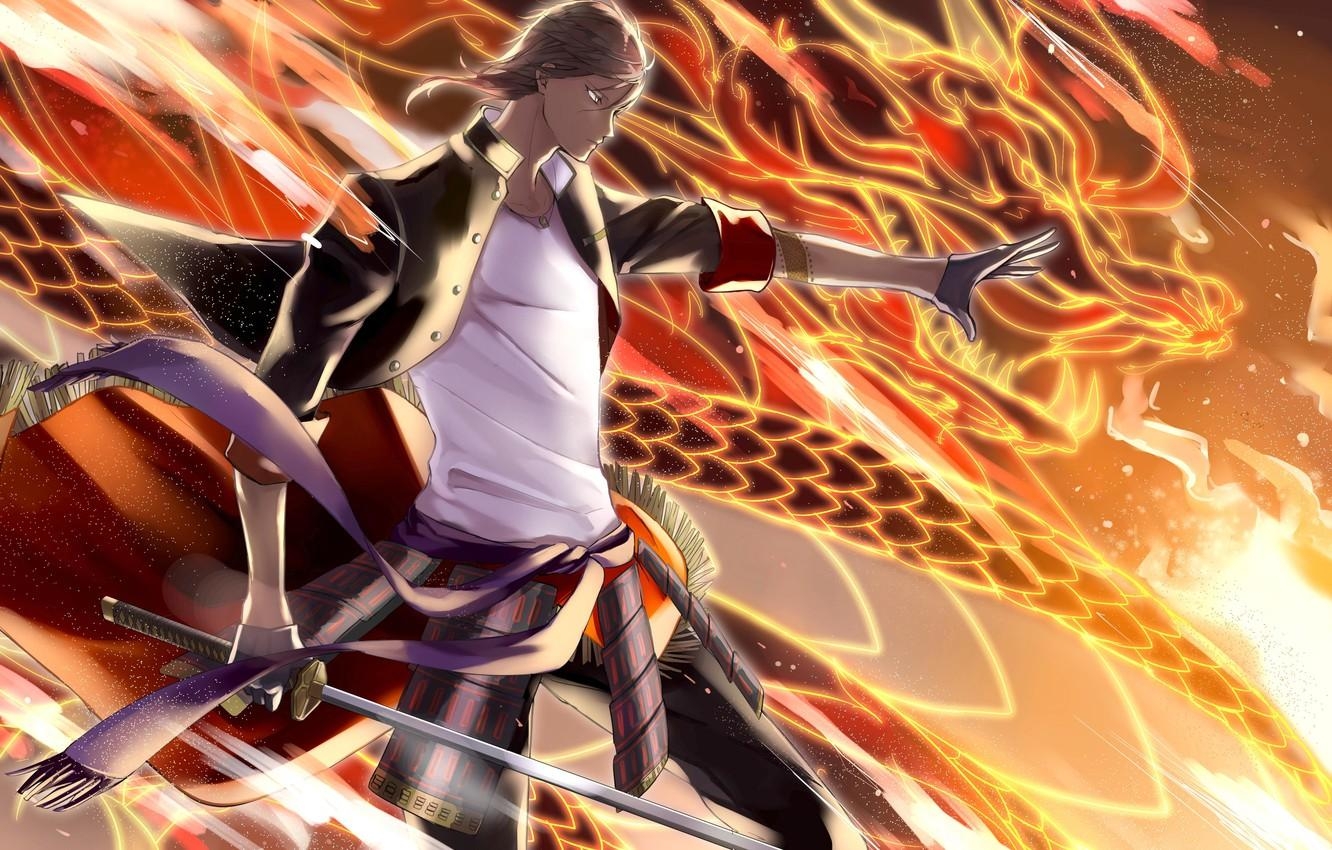 1340x850 Wallpaper fire, anime, art, guy, touken ranbu image for desktop, Desktop