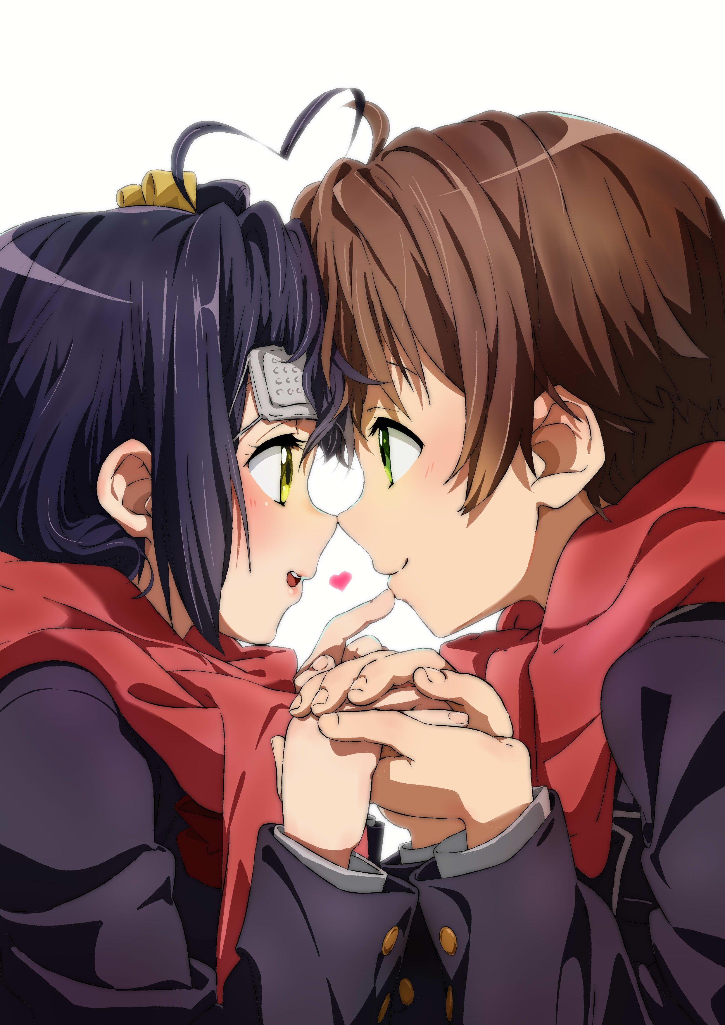 2480x3510 Wallpaper, Chuunibyou demo Koi ga Shitai, school uniform, JK, small boobs, couple, short hair, ahoge, eye patch, anime girls, anime boys, smiling, open mouth, scarf, holding hands, Takanashi Rikka, Togashi Yuuta, Phone