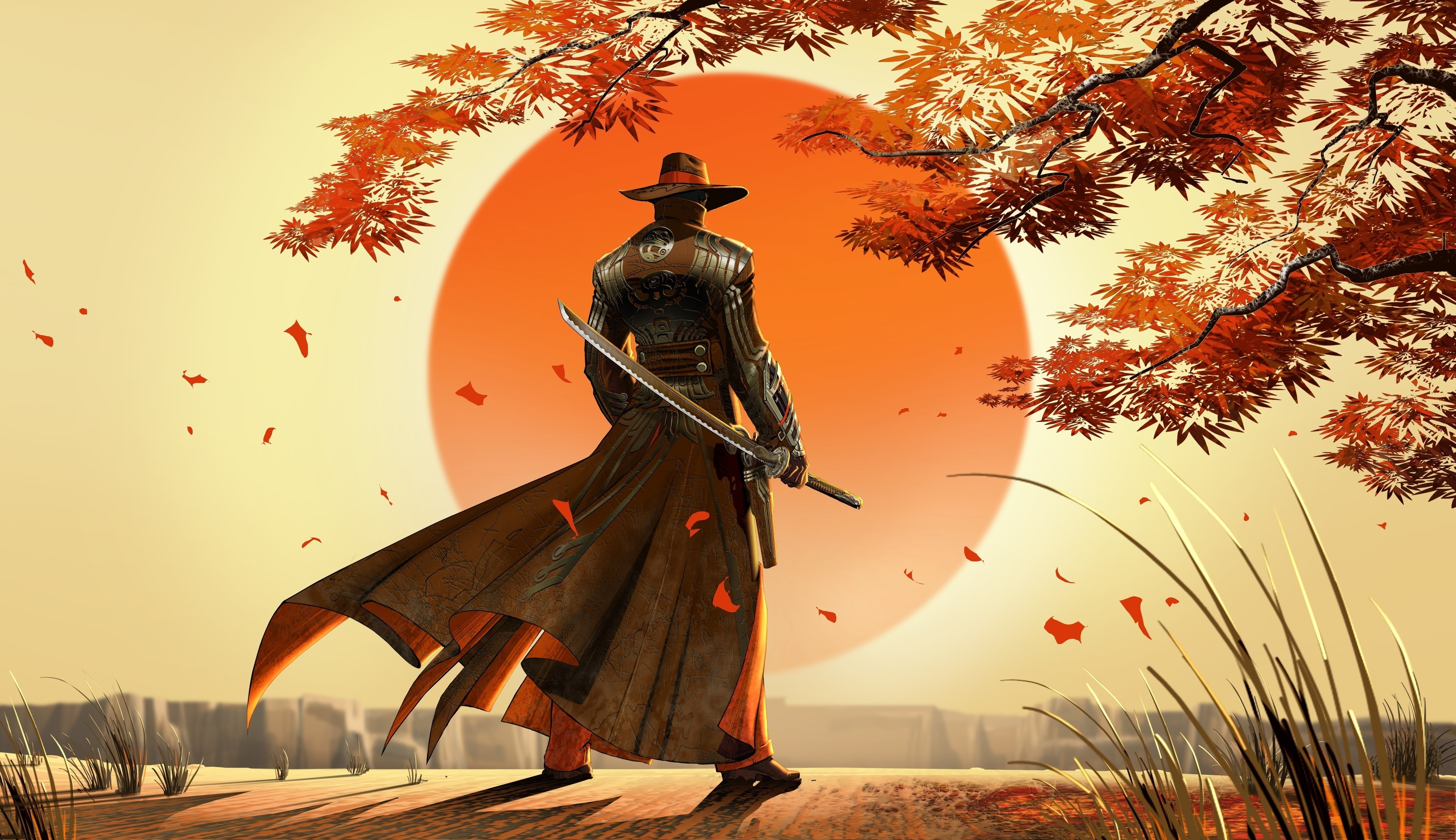 5350x3090 Wallpaper, Japan, illustration, fantasy art, artwork, cowboys, samurai, Person, ART, autumn, flower, screenshot, Desktop