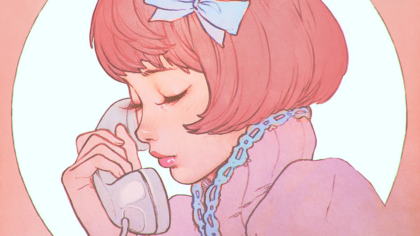 1370x770 Pink Phone Girl Cute Anime Drawing, Desktop