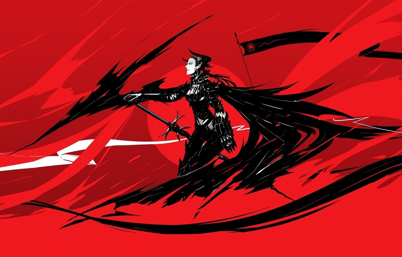 1340x850 Wallpaper girl, red, black, figure, sword, anime, flag, the demon, fantasy, art, horns, demon, red, girl, sword, fantasy image for desktop, section прочее, Desktop