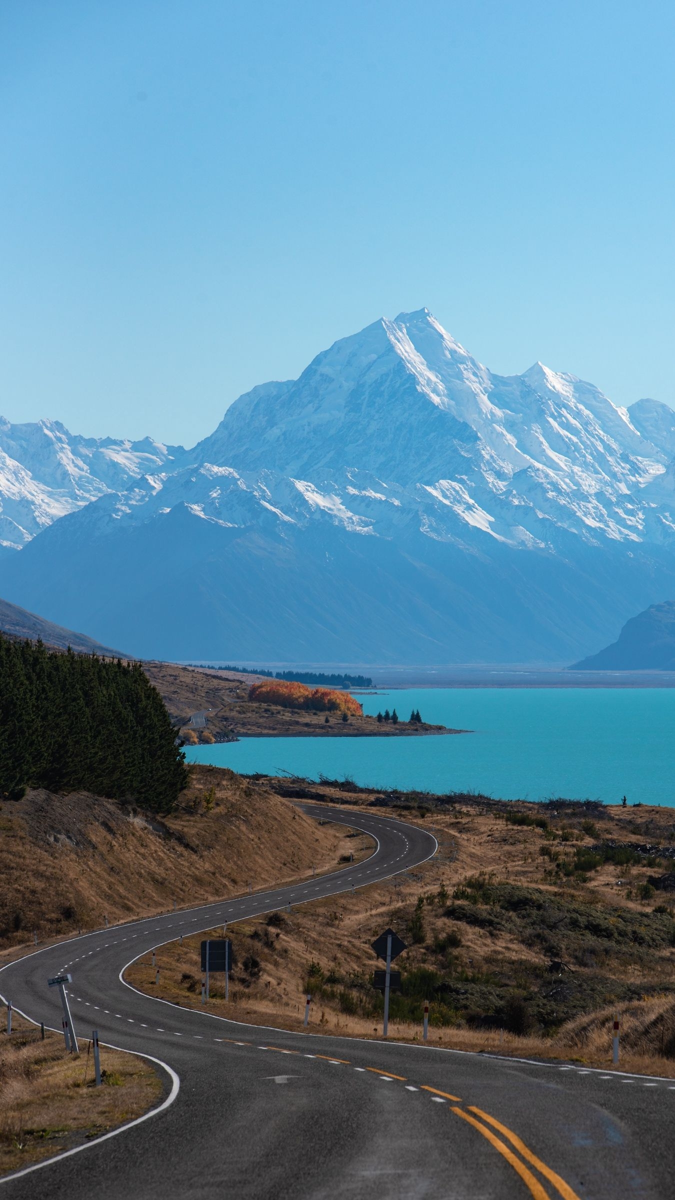 1350x2400 Download wallpaper  lake pukaki, new zealand, road, Phone