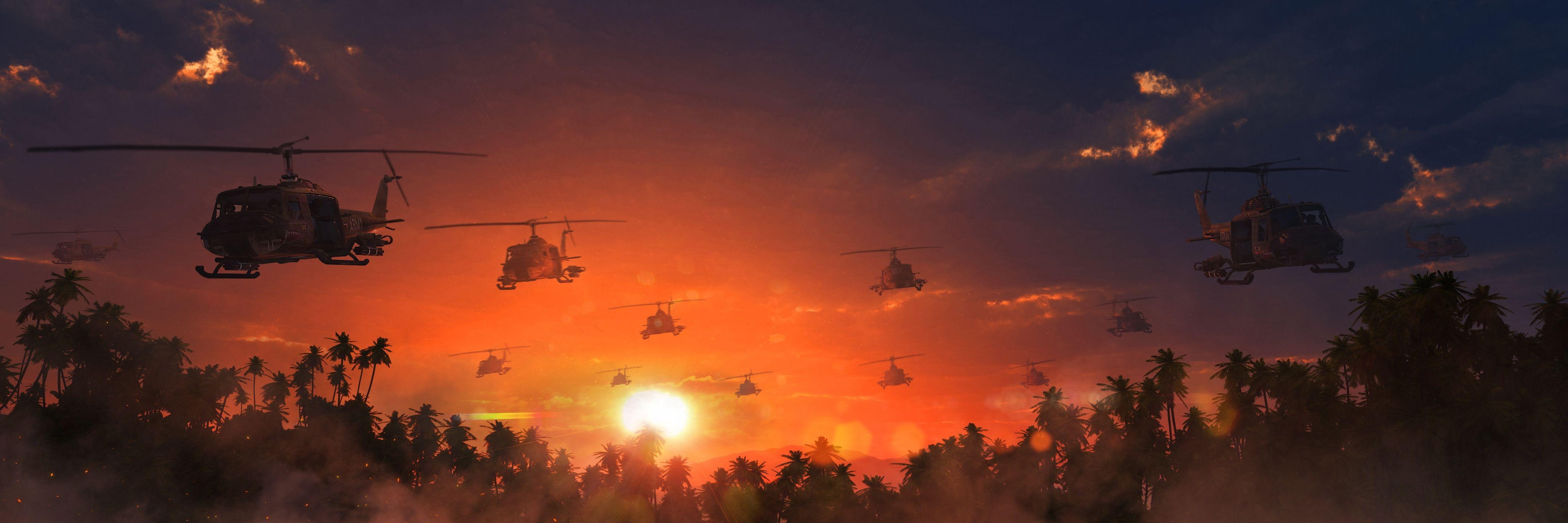 4320x1440 Wallpaper Helicopters The Vietnam war Sun Sky Sunrises, Dual Screen