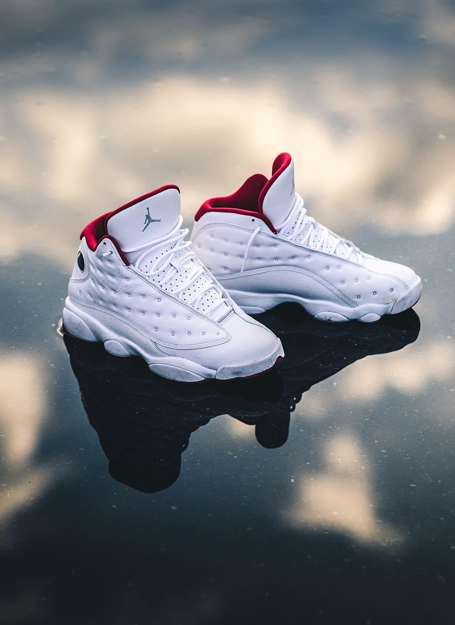 910x1250 HD Wallpaper: White And Red Air Jordan 13's, Shoe, Street, Basketball, Sneaker, Phone