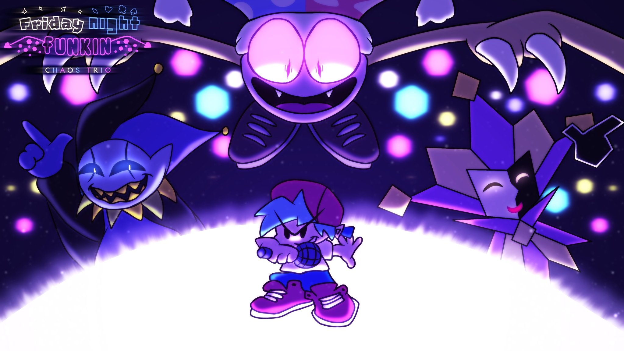 2050x1160 Friday Night Funkin' Chaos Trio (On Hold) took inspiration from the Indie Cross art. #fnfmod #fnf #fridaynightfunkin #kirbymarx #dimentio #jevil #jestertrio #superpapermario, Desktop