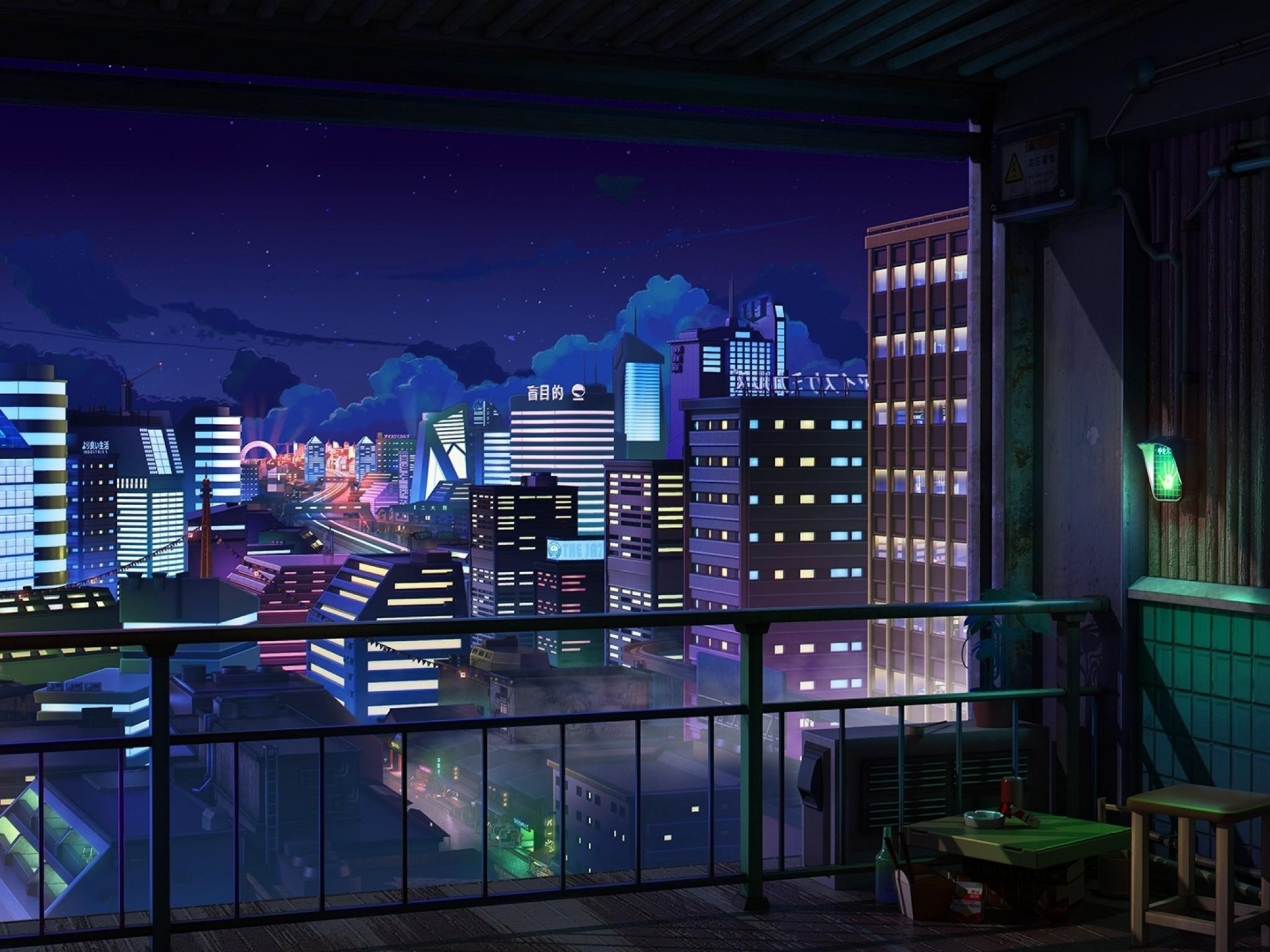 2050x1540 Anime Cityscape, Night, Buildings, Balcony, Stars, Hop Cafe, Desktop