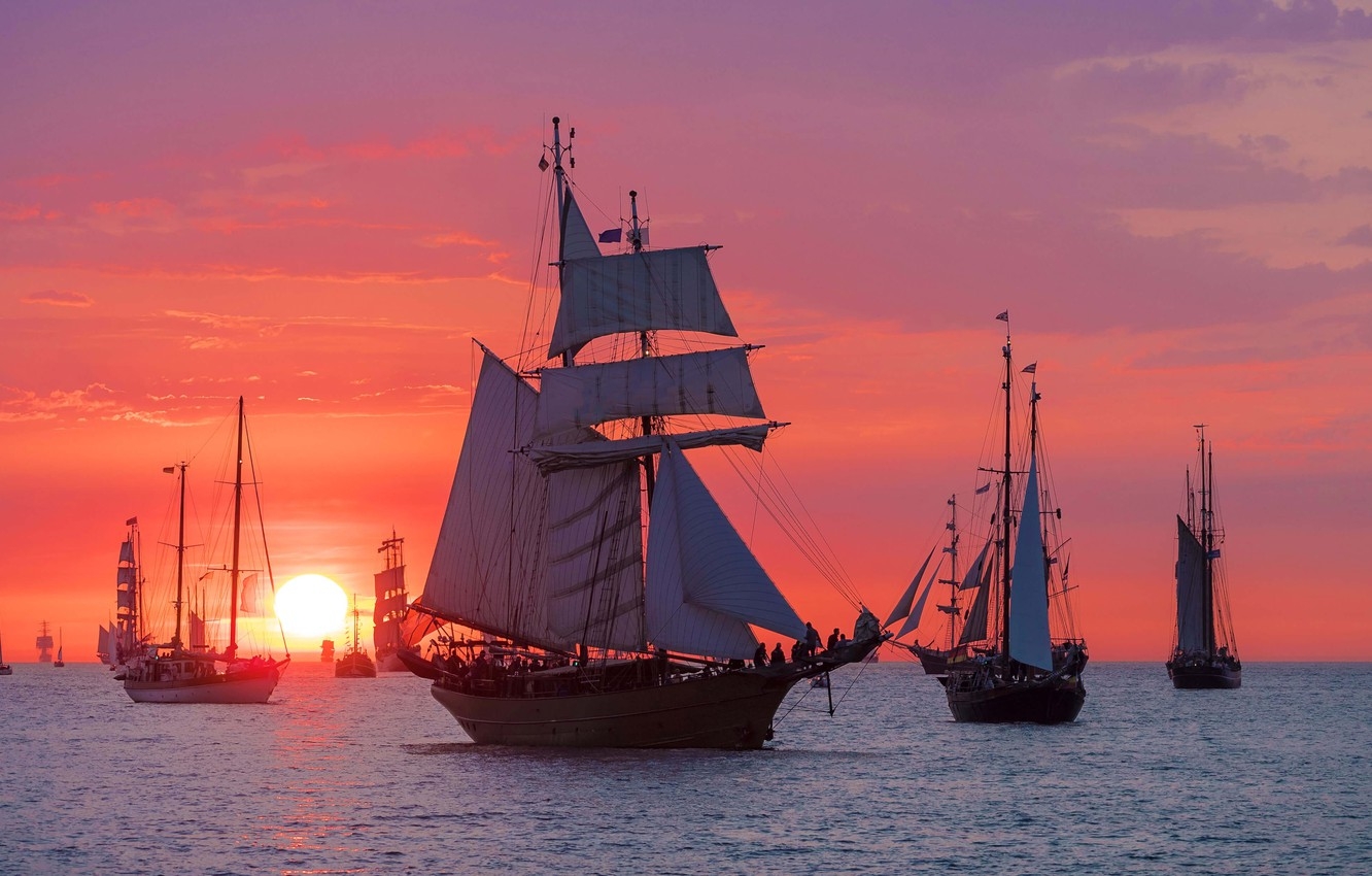 1340x850 Wallpaper sunset, ship, sailboat, Germany, Rostock, parade, regatta, Warnemunde image for desktop, section пейзажи, Desktop