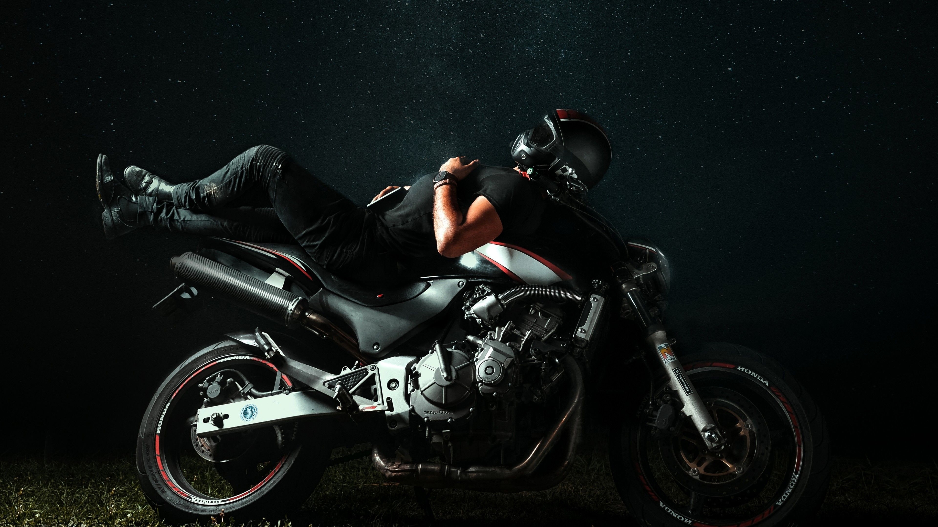 3840x2160 Biker 4K Wallpaper, Night, Starry sky, Honda, Relax, Photography, Desktop