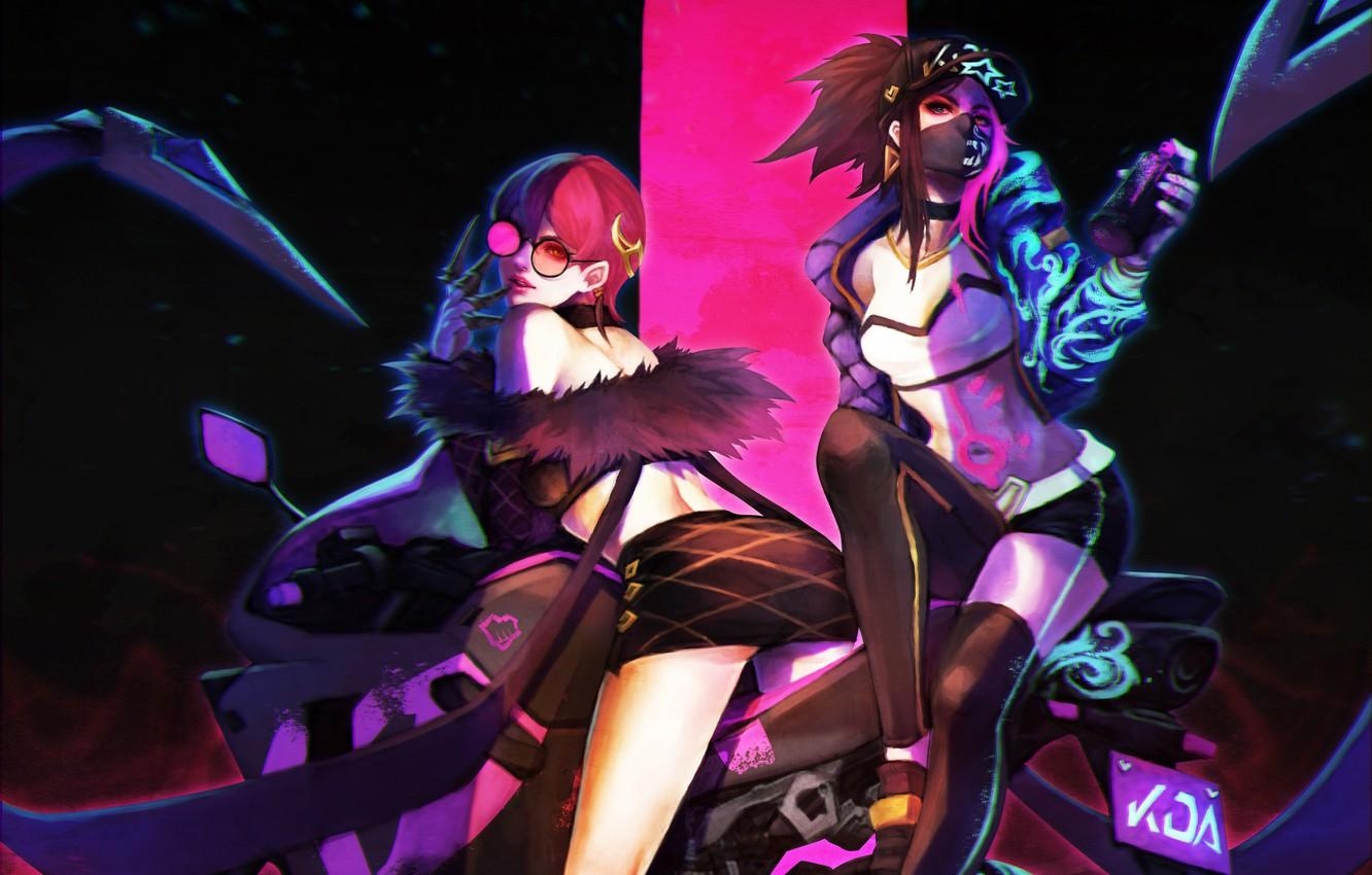 1340x850 Wallpaper girl, bike, art, Akali, League of Legends, Evelynn, moba, Desktop