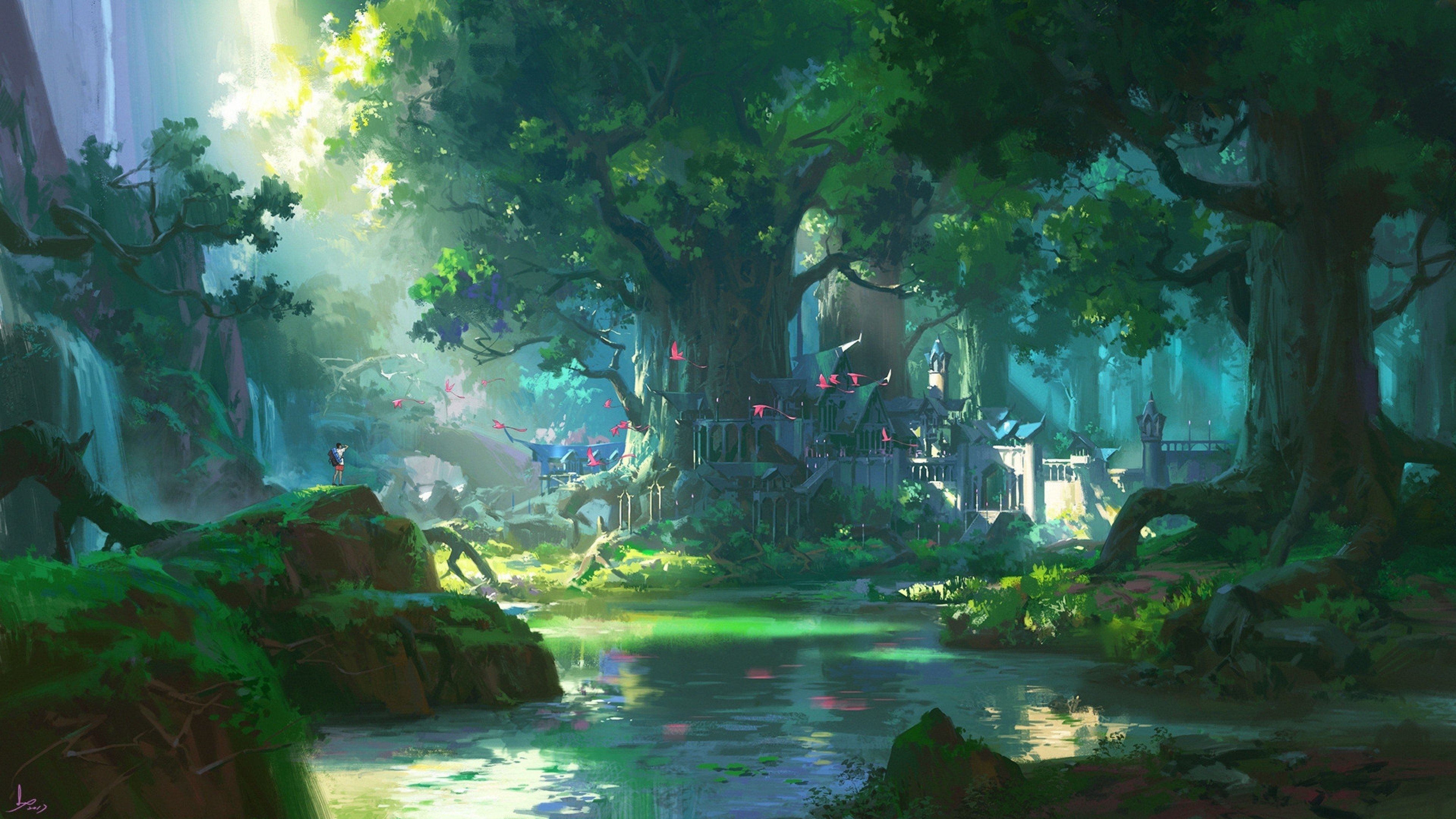 3840x2160 Anime Forest Scenery 4K wallpaper, Desktop