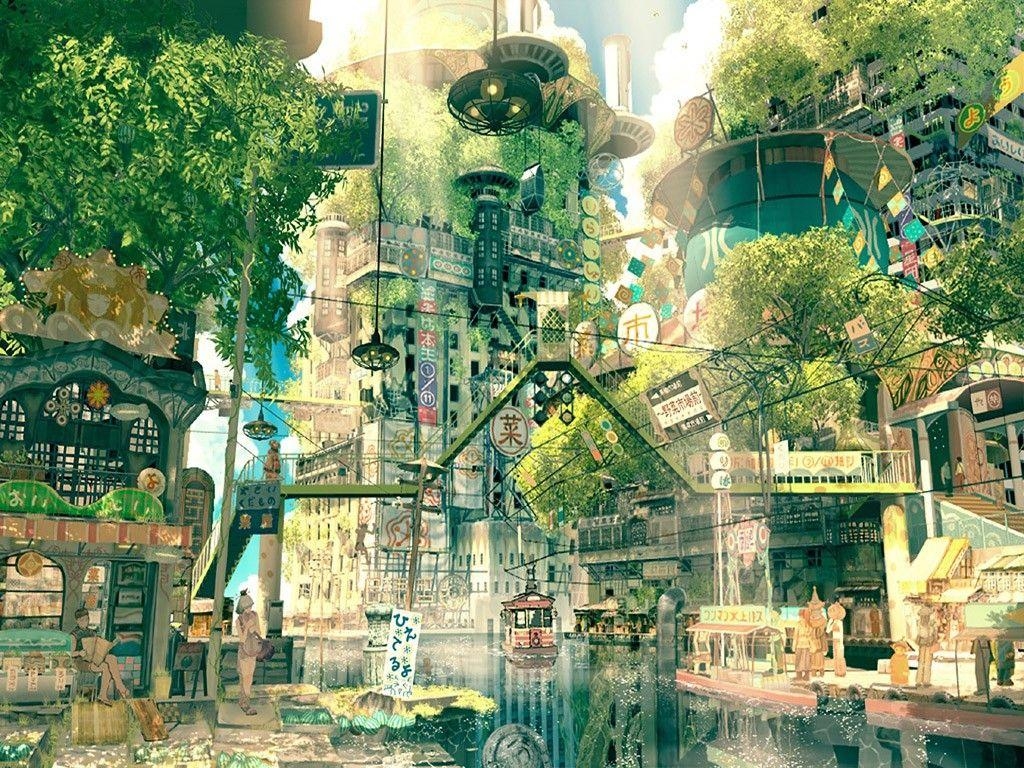 1030x770 digital art japan fantasy art city street trees imperial boy, Desktop