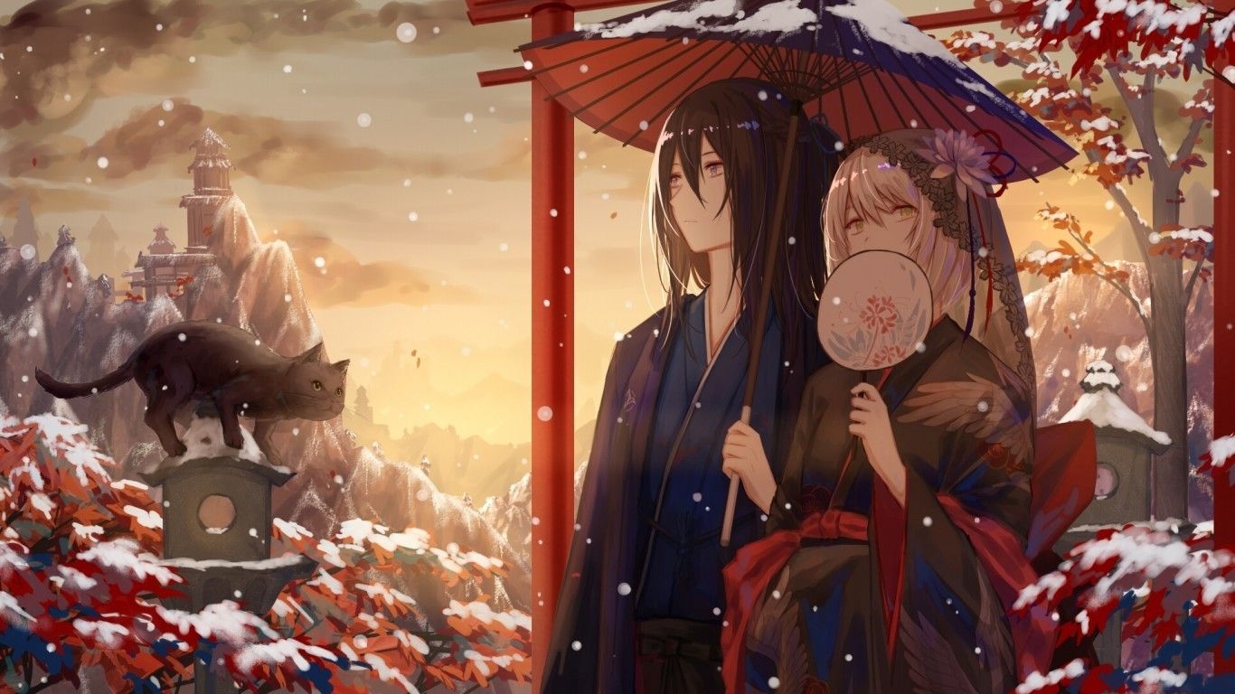 1370x770 Download  Anime Couple, Snow, Umbrella, Torii, Scenic, Desktop