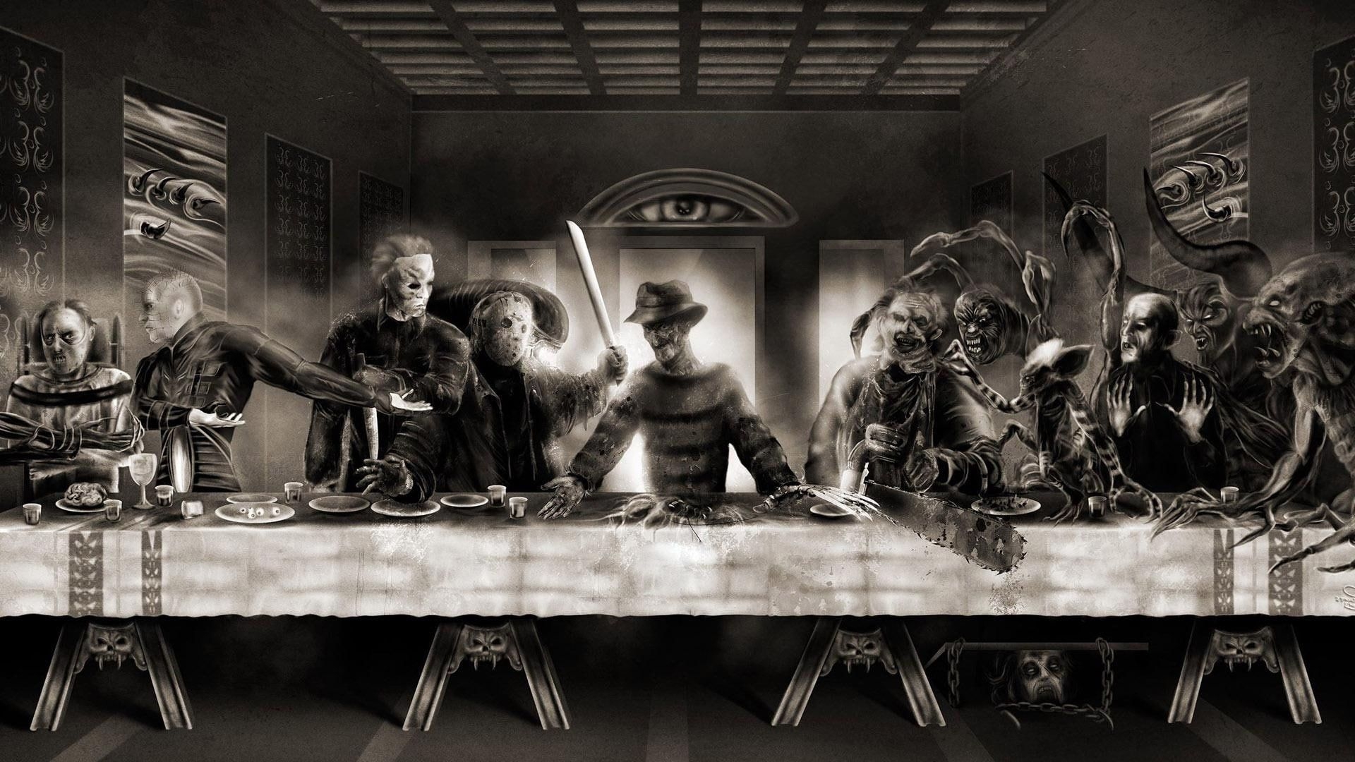 1920x1080 Horror Last Supper, horror themed last supper digital art x1080 #alien #werewolf last supper freddie krueger hannib. Horror movie art, Last supper, Movie art, Desktop