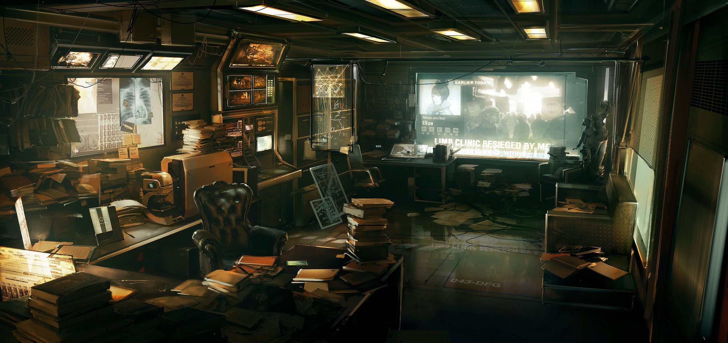 2550x1200 working deus ex 3 office table chair books paper monitor furnished drawings anime interior HD wallpaper, Dual Screen